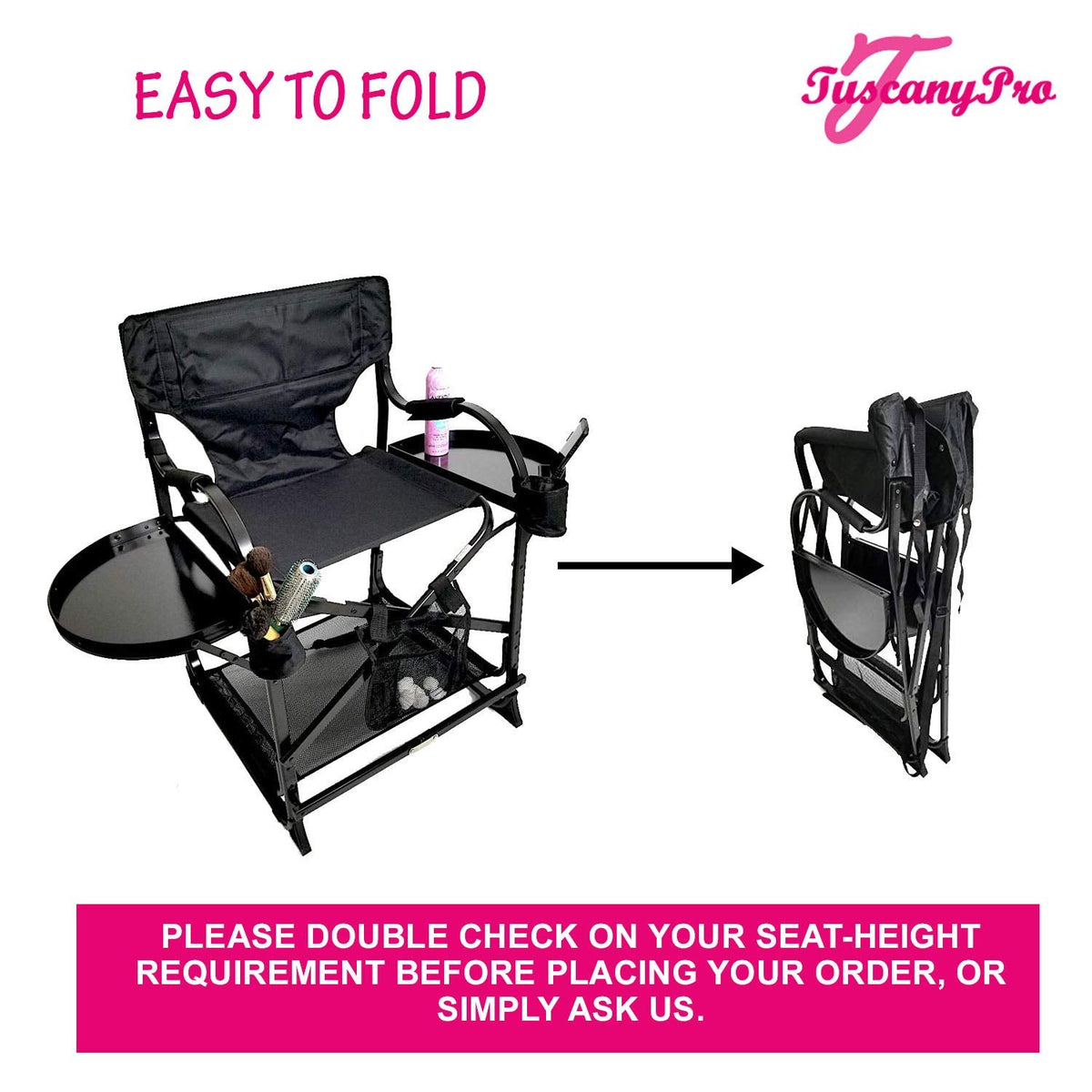 Tuscany Pro Your Name/Logo Included Portable Makeup & Hairstylist Chair - Perfect for Makeup, Hair Stylist, Salon with 25 Inch Seat Height