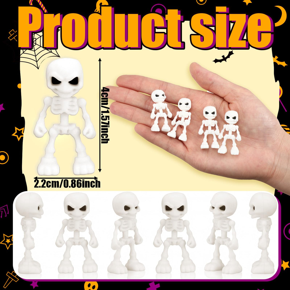 Junkin 50 Pcs Halloween Mini Skeleton Figures Tiny Skulls Cute Design Soft Rubber Skeleton Decorations Miniature Skulls Figures Ornaments for Indoor Fireplace Haunted House Accessories Party