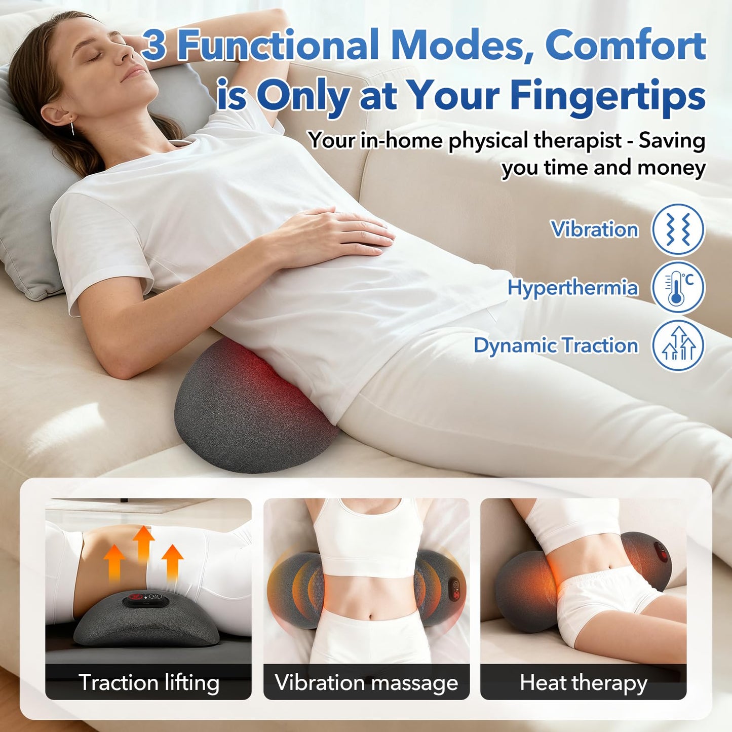 Smooth Spine Triple Fusion Back Massager with Heat - Sciatica Pain Relief & Spine Decompression Device, Deep Tissue Massager for Lower Back Pain, Office Chair and Home Use for Chronic Sufferers
