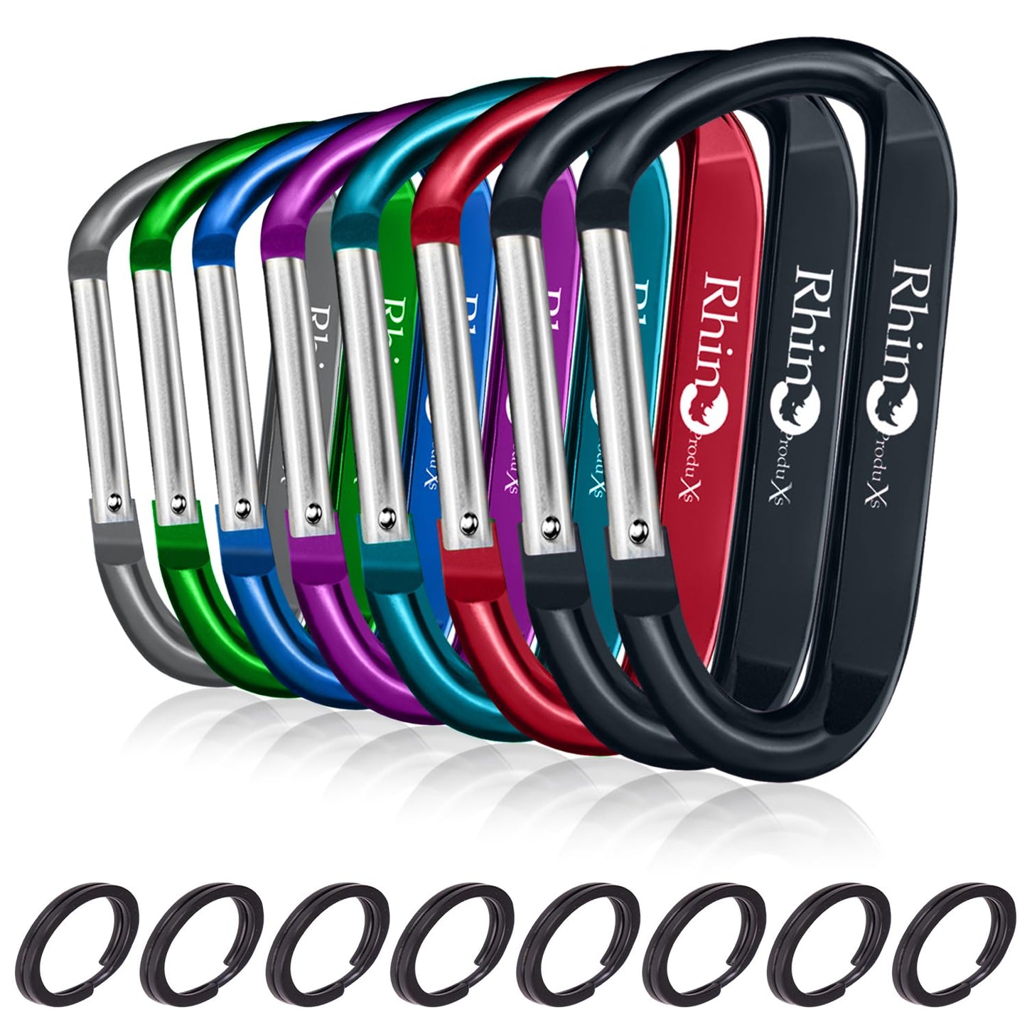 Rhino Produxs 8PCS of Lightweight Duty Snap Carabiner Clips, D Ring Shape Carabiner with 8PCS Keyring - Excellent for Outdoor, Camping, Hiking, Keychains, Water Bottle, Keychain Hook