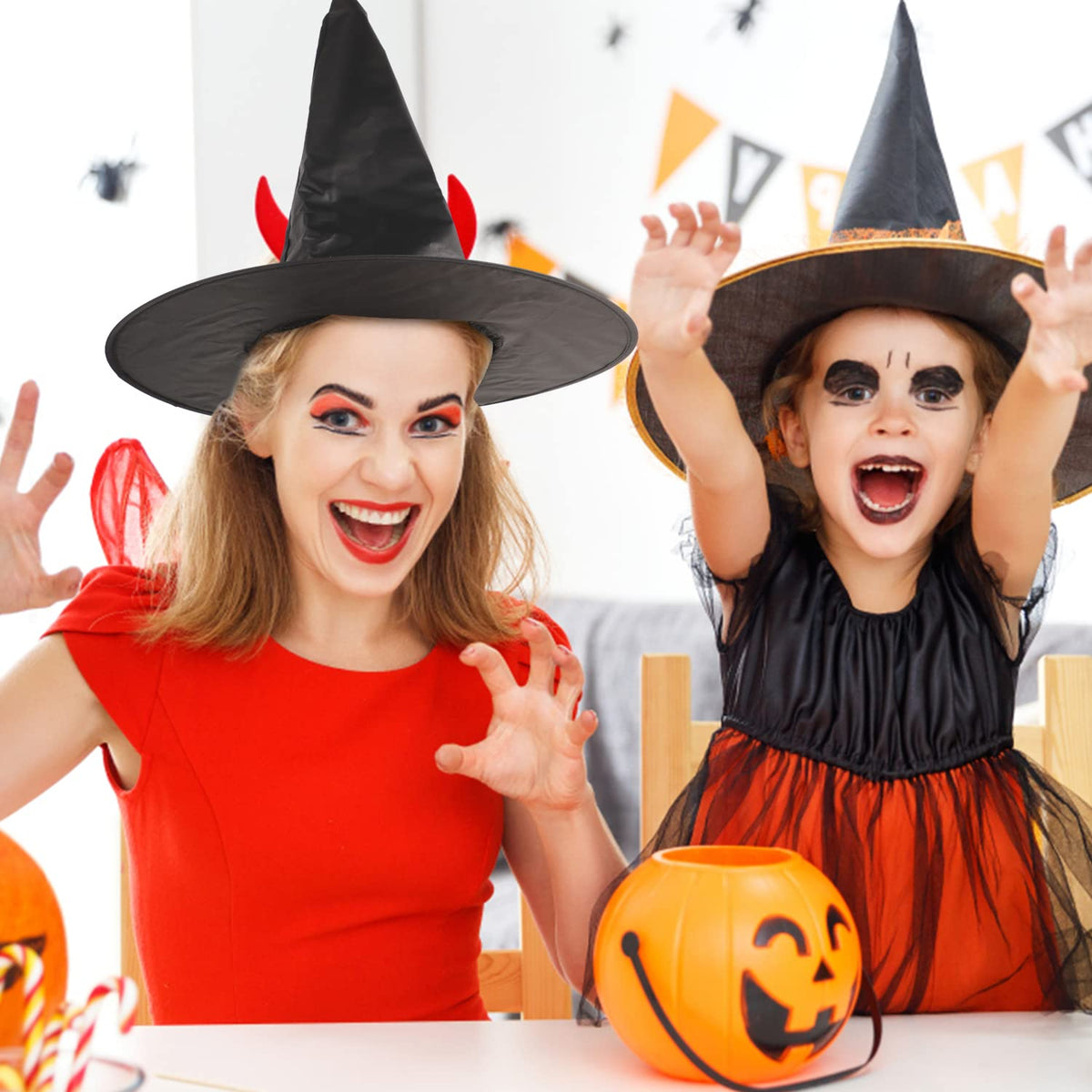 CCINEE 12 Pcs Halloween Decoration Witch Hats, Bulk Hanging Witch Costume Caps Accessories with 120 Pcs Bat Wall Stickers for Halloween Themed Party Yard Decoration