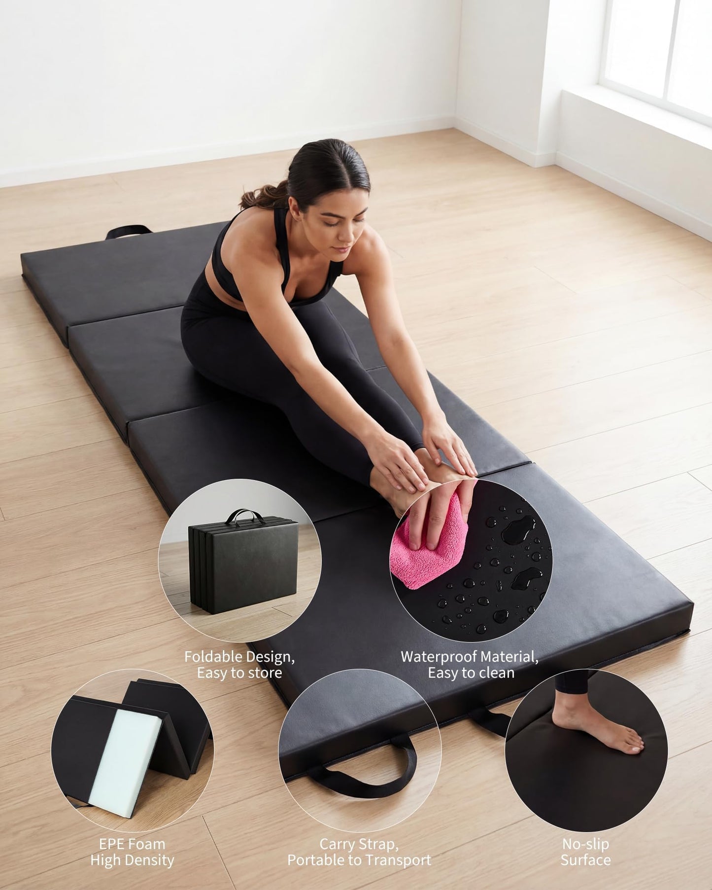 6x2 ft Portable Four-Fold Gymnastics Mat, 2 Inch Thick Tumbling & Exercise Pad, Folding Floor Mat for Home Workouts, Yoga, Pilates, Aerobics and Martial Arts Training, Black