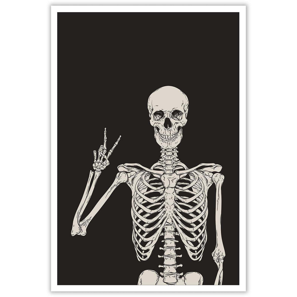 Funny Black Skeleton Canvas Wall Art Spooky Decor Halloween Poster High Hand Peace Print Bones Minimalist Background 12X16in Unframed
