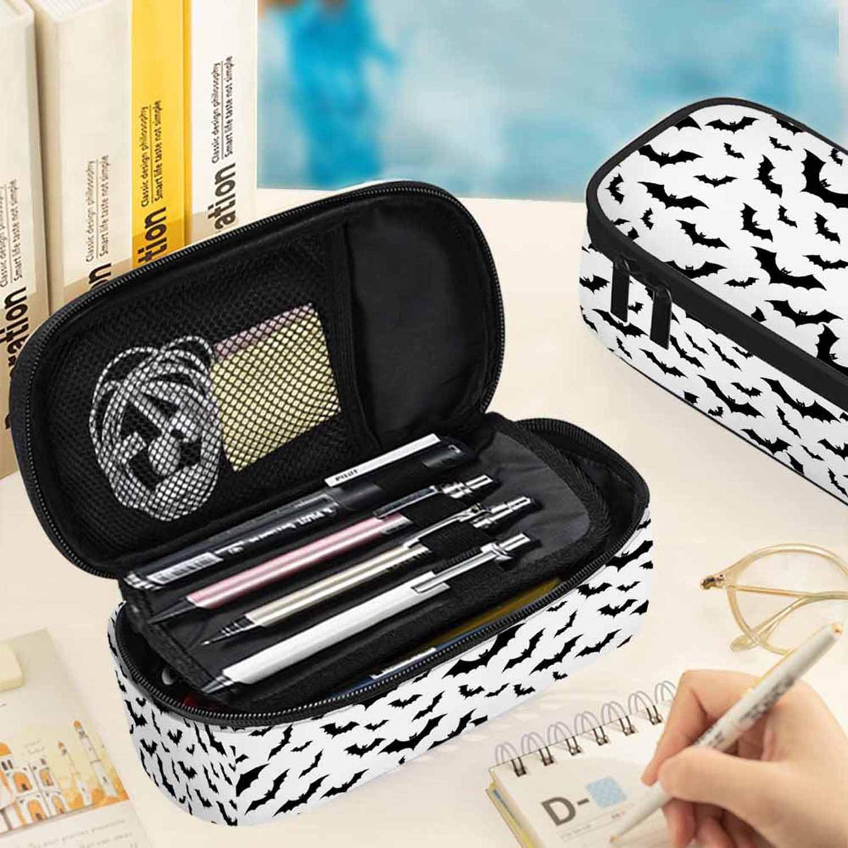 Xuwenz Black White Bats Pencil Case Halloween Bat Large Large Capacity Pen Pouch for School Student Office Adult Girl Boy