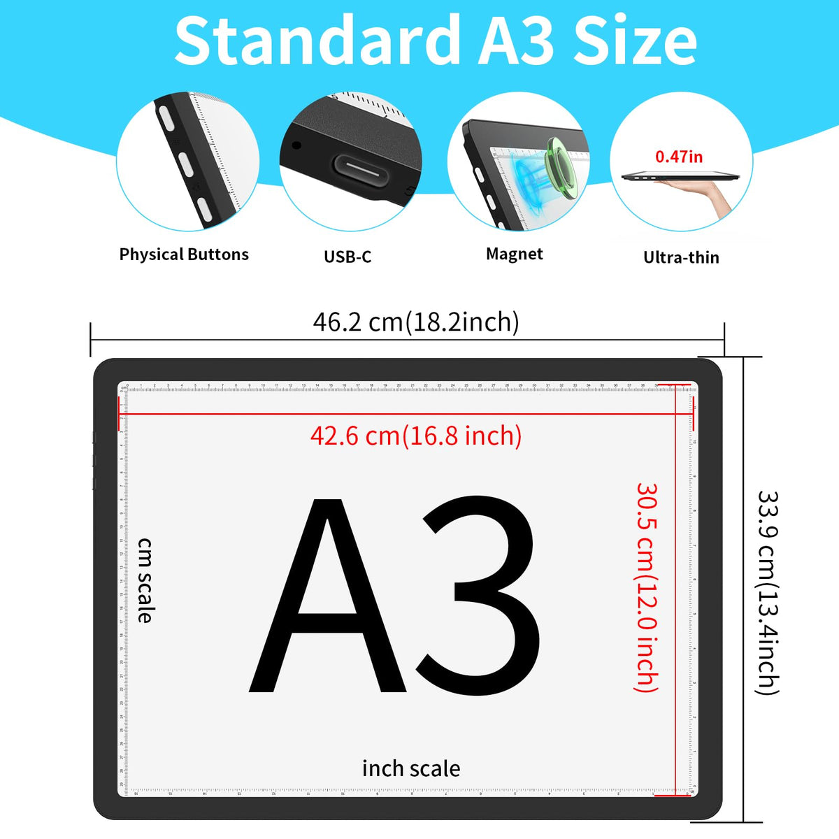 Phylosal Rechargeable A3 LED Light Pad with Built-in Stand, Magnetic Tracing Light Box for Drawing, Diamond Art Light Board with Side Button, Super Bright Light Table for Diamond Painting, Sketching
