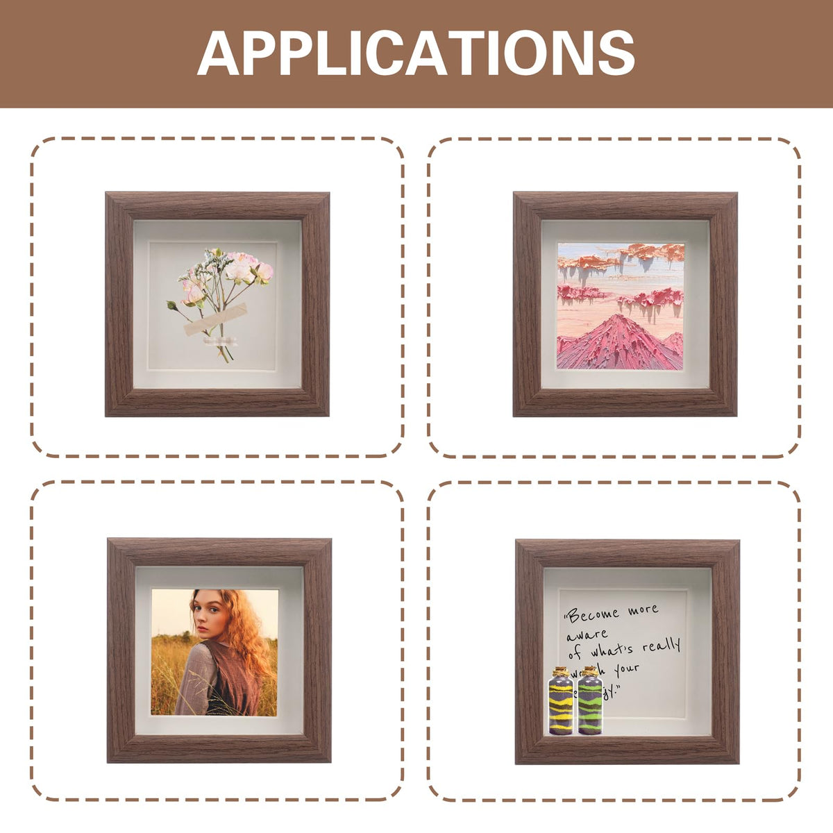 4 PCS Shadow Box Picture Frame, Vintage Small Wall Mounted & Tabletop Wood Square Frame with Real Glass for Mini Dried Flower Bouquet, Memorabilia, Medals, Badges, Shells, Photos (Walnut) (4 x 4 Inch)