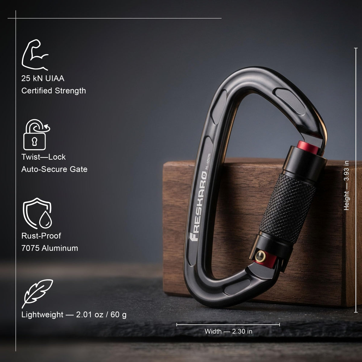 FresKaro 25kN Climbing Carabiners Double Locking Carabiner Clips, Heavy Duty Carabiner for Rock Climbing, Rappelling, Hunting, or Survival Gear kit, Gym Equipment, Cerfified UIAA Carabiner Black