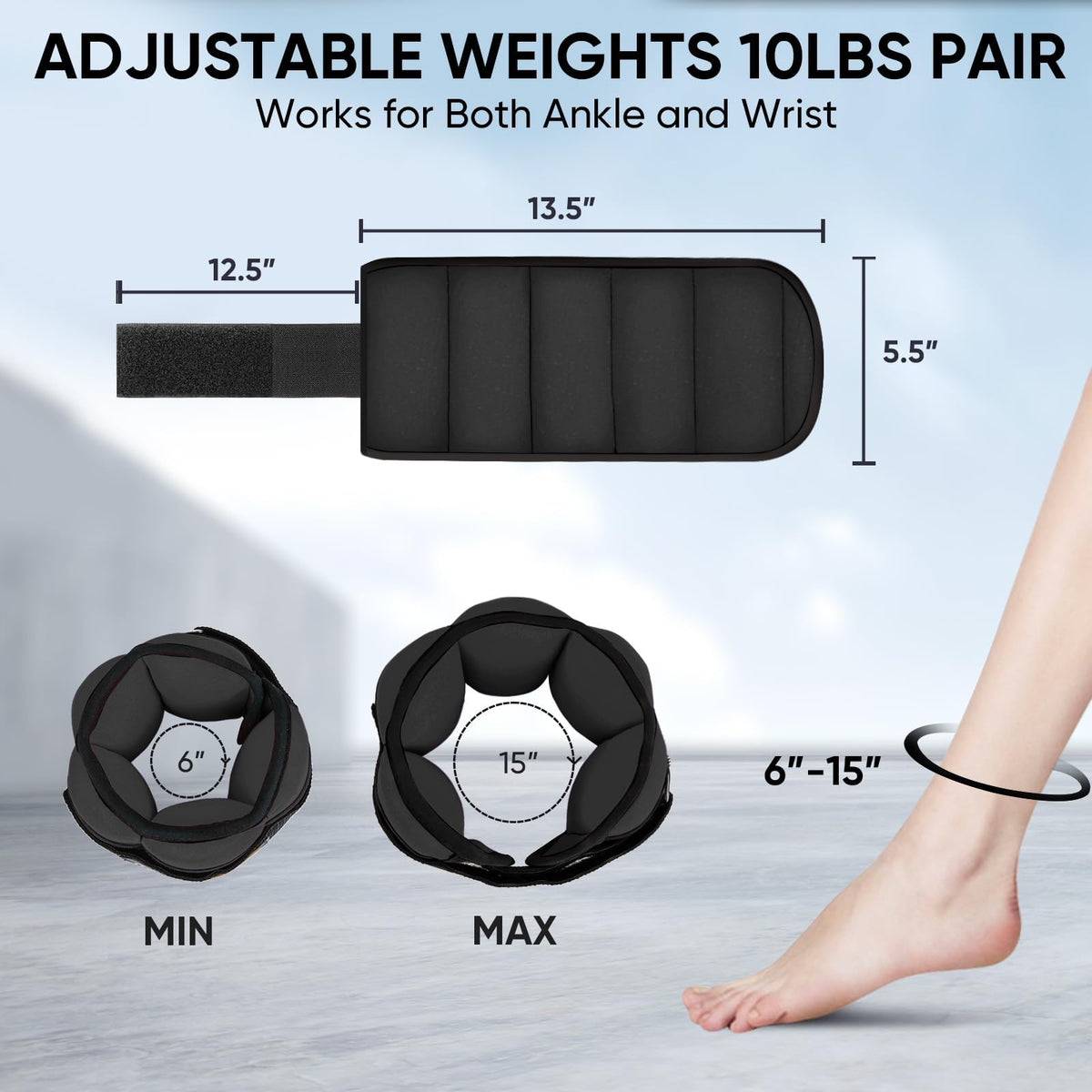 APEXUP 10lbs/Pair Adjustable Ankle Weights for Women and Men, Modularized Leg Weight Straps for Yoga, Walking, Running, Aerobics, Gym, Physical Therapy (Black)