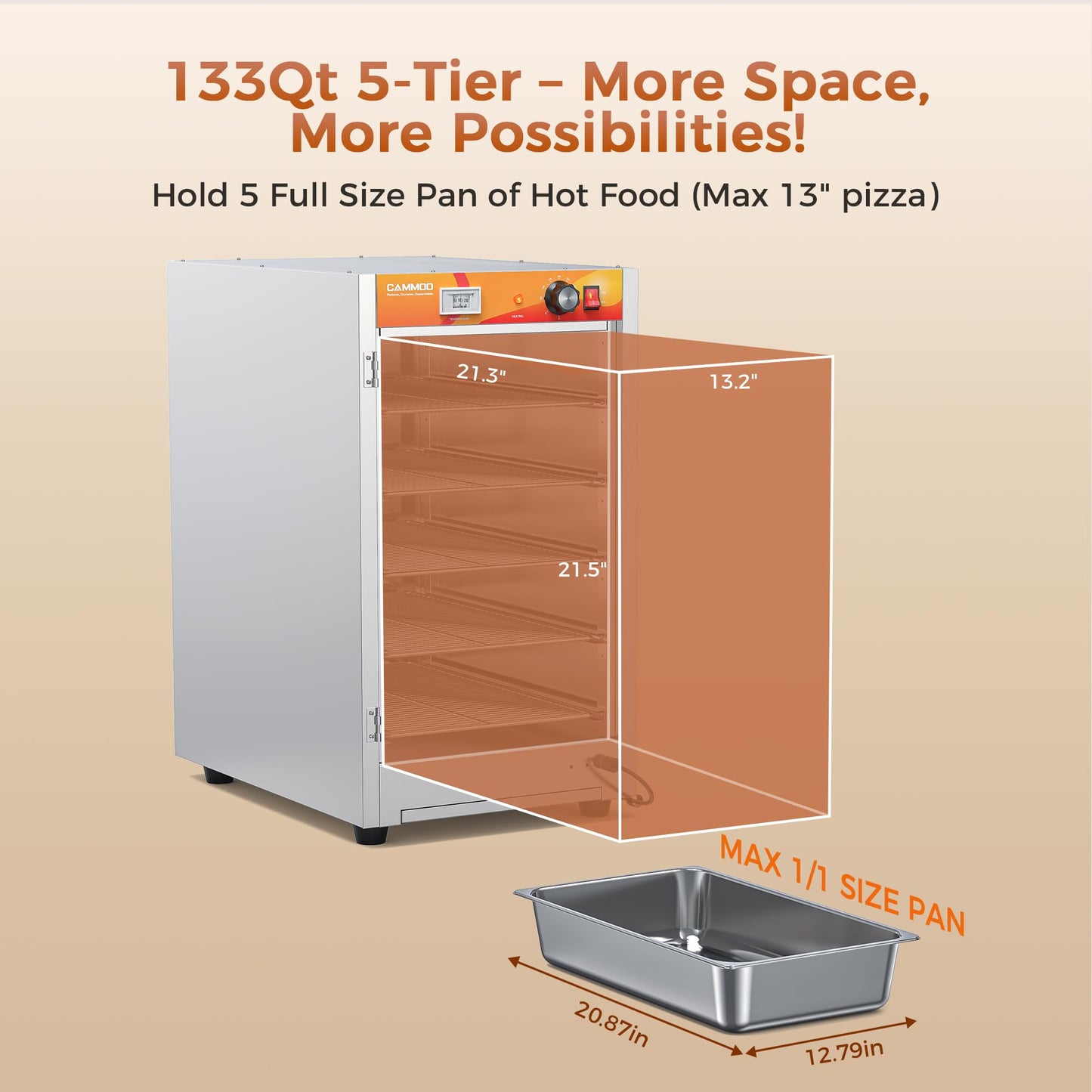 CAMMOO 133Qt 5-Tier 900W Commercial Food Warmer w/ 304 Blued Stainless Steel Heating Element, Single-Tempered Glass Door, Adjustable Shelf, Electric Catering Hot Box Countertop Heated Holding Cabinet