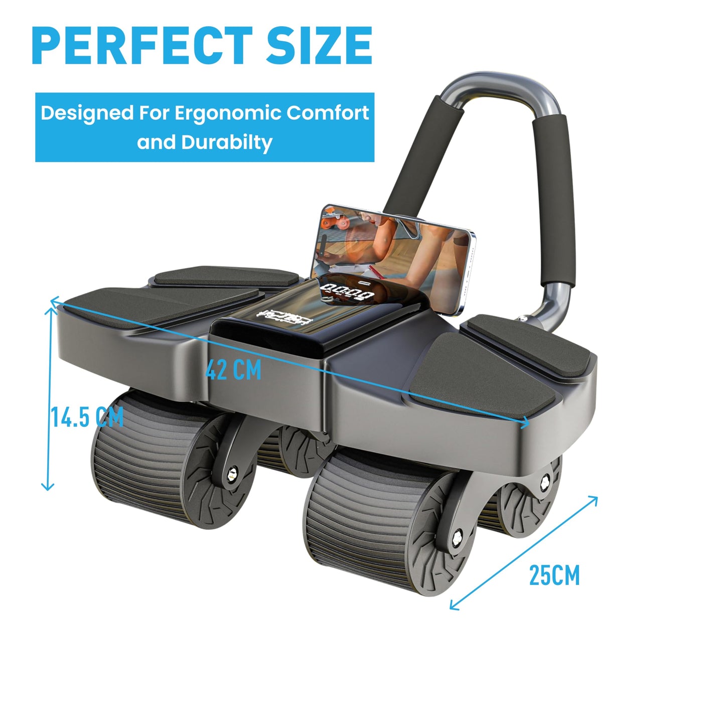 Ab Roller Home Gym Equipment – 4 Wheels Ab Wheel Muscle Roller, Yoga Stretching Strap, 3 Resistance Bands – Comfortable Elbow Support with Non-Slip Handles