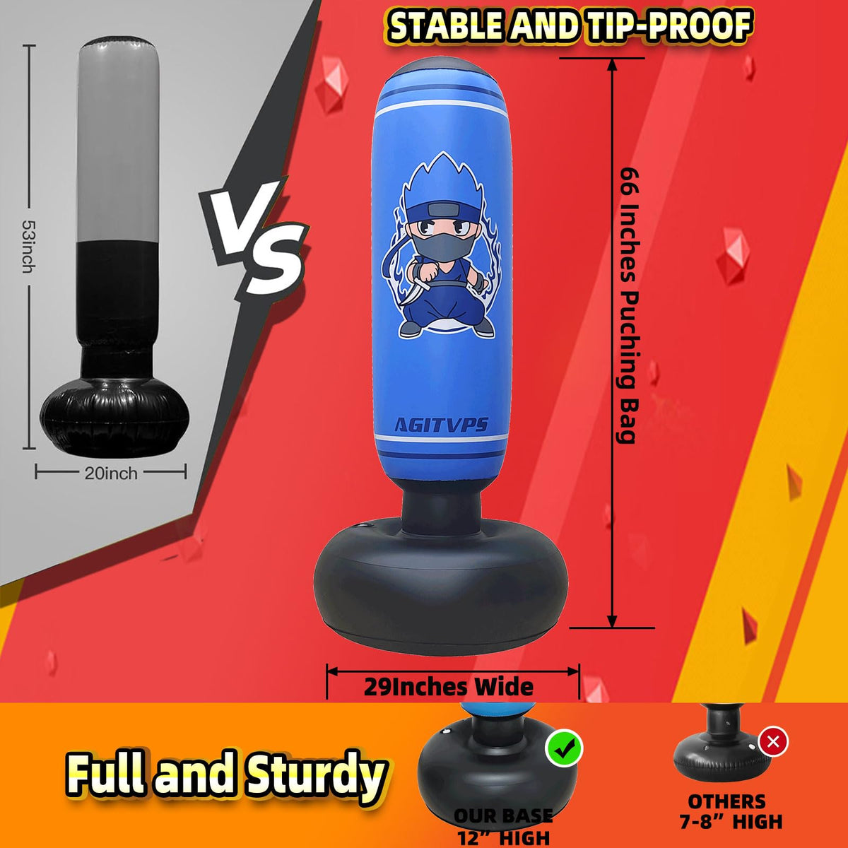 Inflatable Punching Bag Set, 66" Punching Bag for Boys & Girls Aged 8-12 with Kids Boxing Gloves, Super Air Pump | Suitable for Children's Daily Exercise, Happy Family Time (Dark Blue)