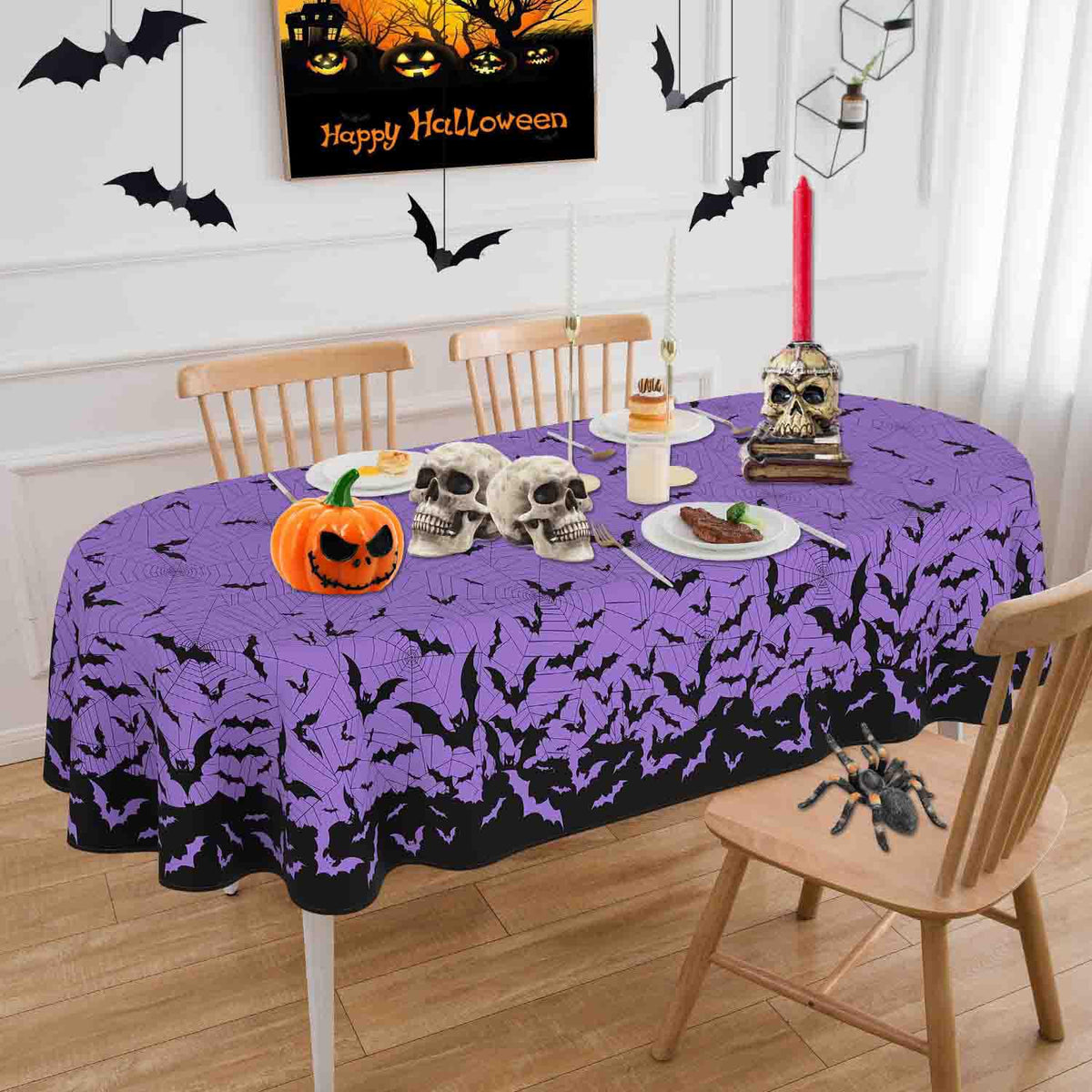 HSOWKDN Oval Halloween Tablecloth 60×84 Inch, Halloween Purple Tablecloths Oval Spider Web Bat Table Cloth Washable, Spooky Table Cover Decor for Party Picnic Dinner
