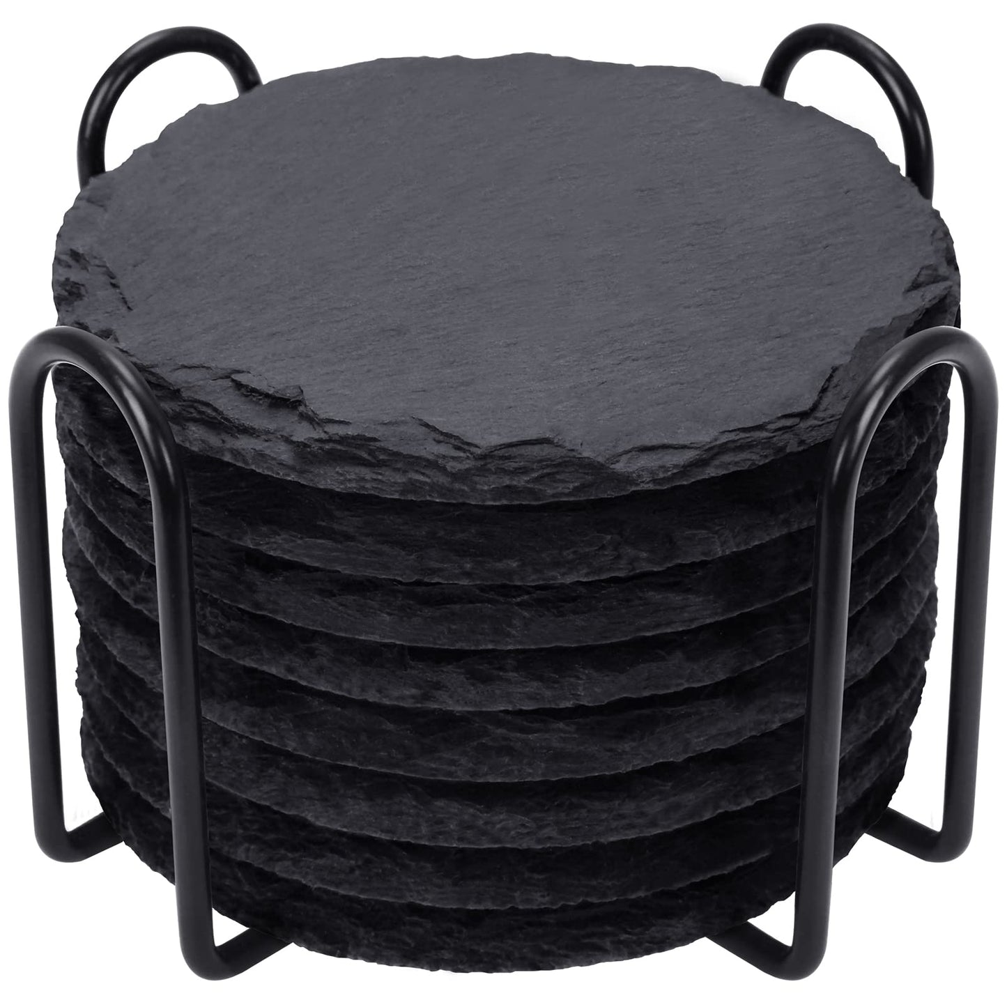 Slate Drink Coasters with Metal Holder, GOH DODD Set of 8 Black Coasters, 4 Inch Stone Coaster Set Tabletop Protection for Home Kitchen Apartment Bar Decor Housewarming Gifts Wedding Party, Round