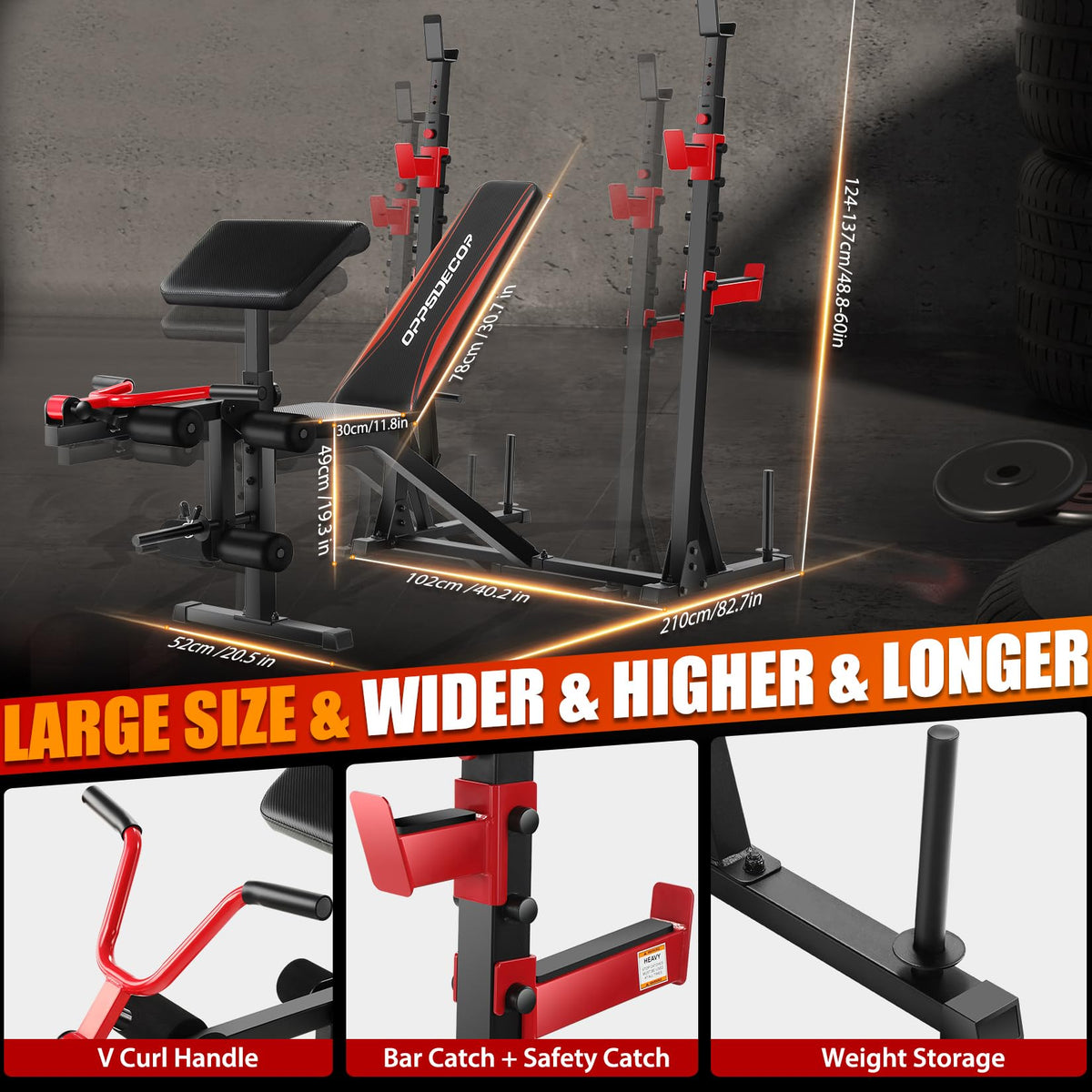OPPSDECOR 900LBS Pro Weight Bench with Squat Rack | Easy Assembly | Flat Incline Decline Bench Press Set with Leg Developer & Preacher Curl, Heavy Duty Full-Body Home Gym Workout Station