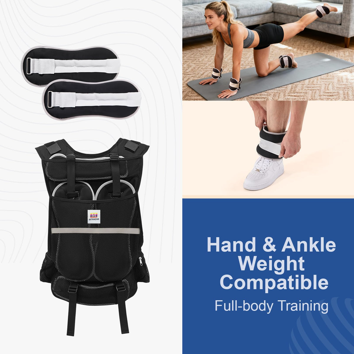 MITANZAR Adjustable Weighted Vest, 4.4-13.2 Pound Vest with 4 Iron Sand Training Pouches, Features Large Pockets, Men's Weighted Vest for Women's Strength Training, Running, Walking