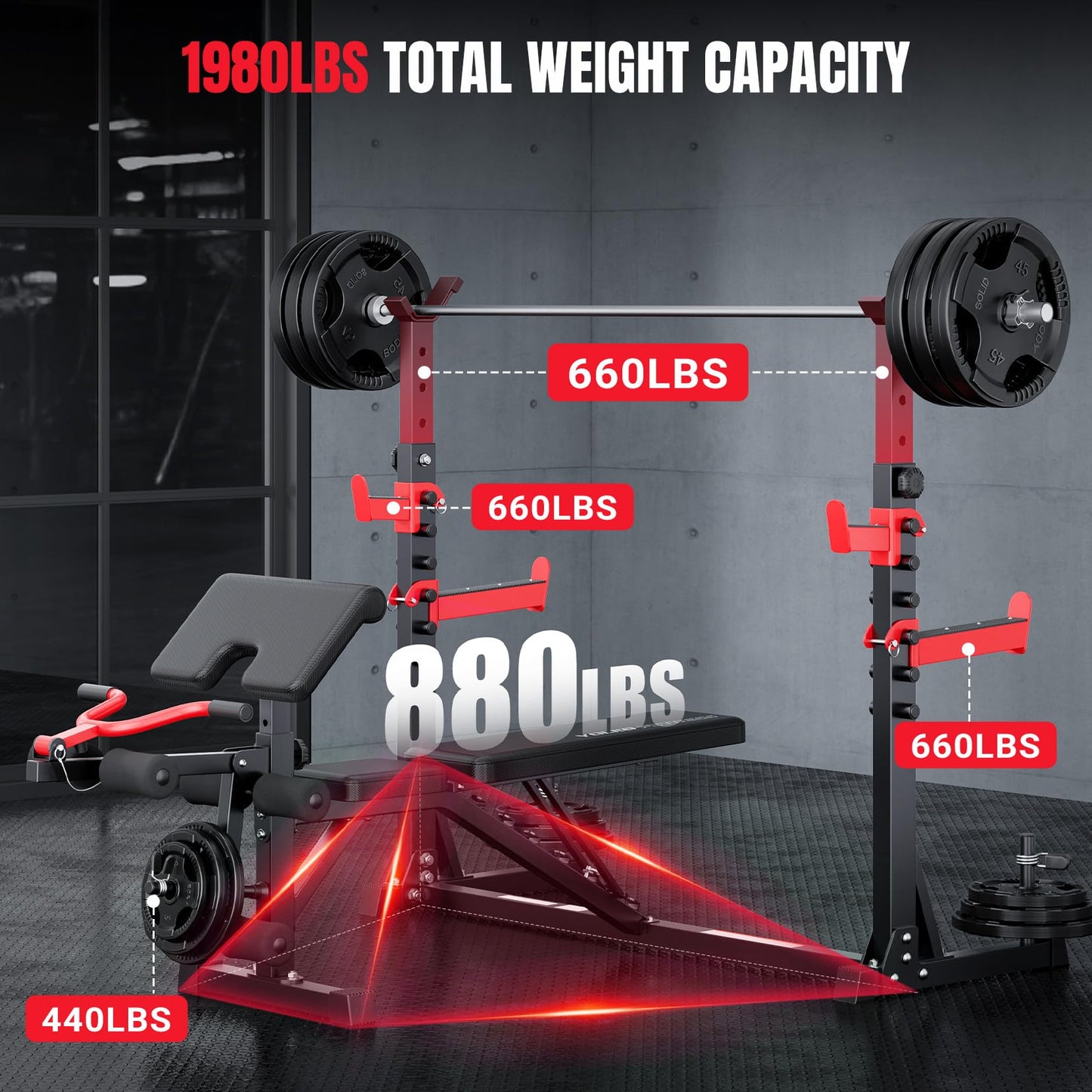 Yoleo 1980LBS Weight Bench with Rack - Bench Press Set, Leg Extension, Preacher Curl & Flat/Incline/Decline Full Body Workout Bench, Adjustable Olympic Weight Benches for Home Gym(47.44IN WIDE GRIP)