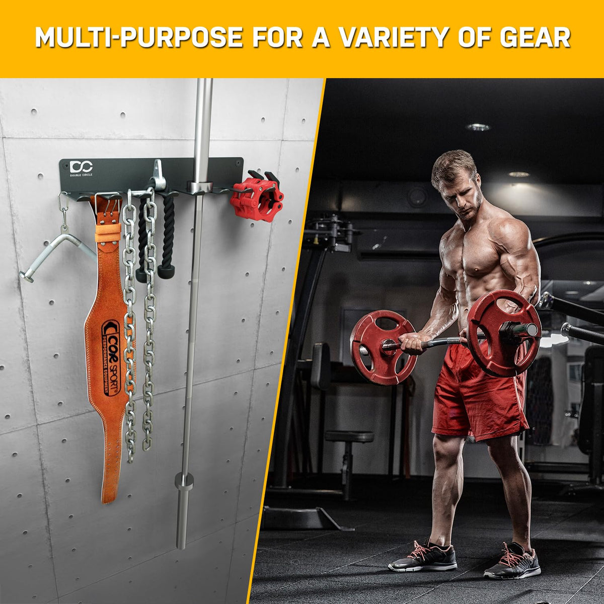 Double Circle Gym Equipment Storage Rack - Multi Purpose Gym Equipment Wall Rack Hanger for Pro Home Gym Storage for Exercise Bands, Barbell Bar, Jump Ropes, Chains, Lifting Belts