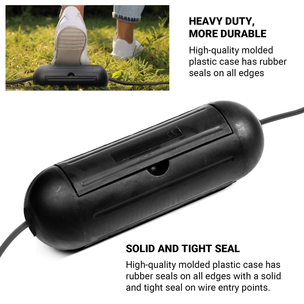 4 Pack Extension Cord Protective Cover Set (Black) | Indoor Outdoor Water-Resistant Holder for Holiday String Lights and Wires | Capsule Shaped Protector with Large Compartment
