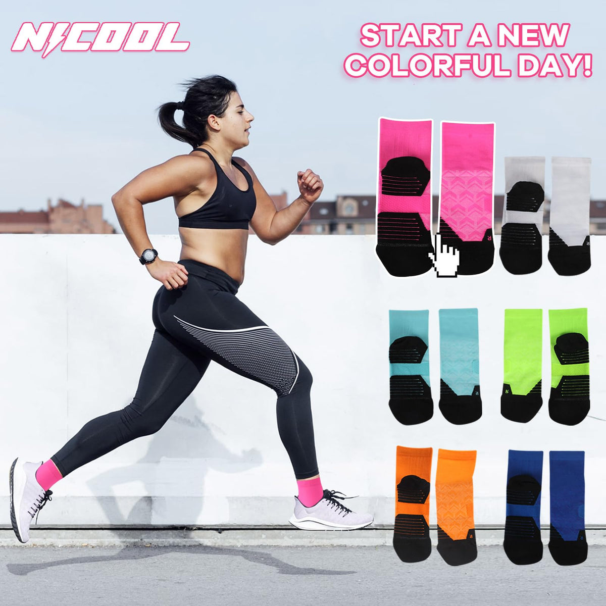 NIcool Athletic Socks Bright Pink For Womens, Cycling Socks For Men, Womens Pink Crew Socks, Mens Running Compression Socks Cushioned Mid-Calf Tennis Volleyball Neon Socks 3 Pair, Pink