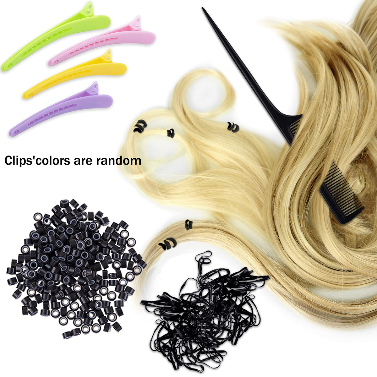 Duufin Hair Extensions Kit 500 Pcs Black Micro Ring Beads 1 Hair Extension Plier 2 Hook Needle Pulling Loop 4 Plastic Alligator Hair Clips 1 Comb and 2 Bags Black Mini Rubber Hair Elastic