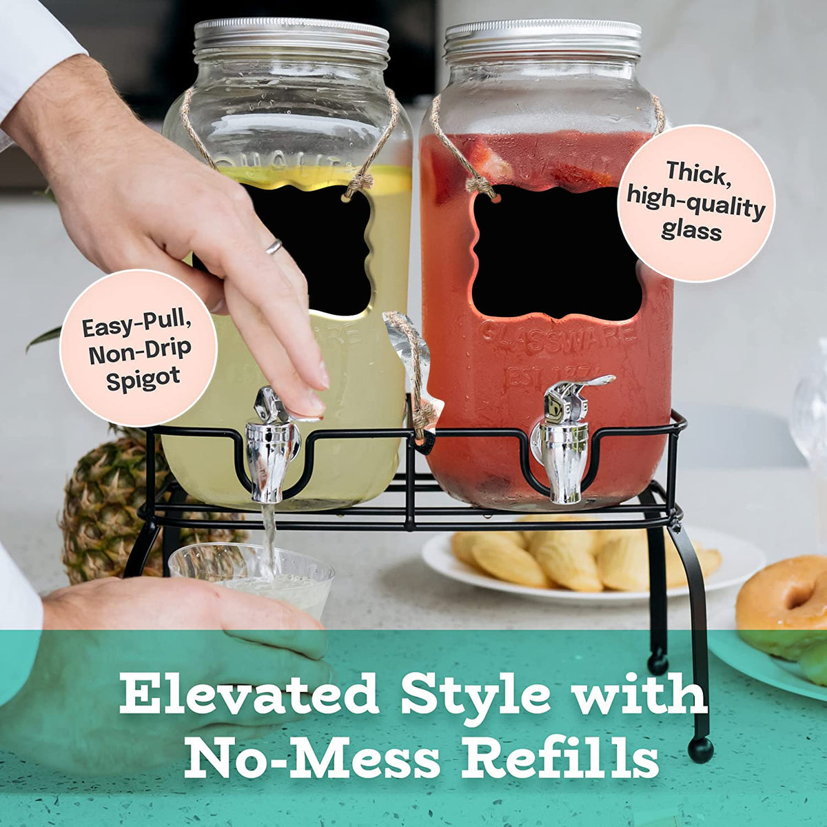Estilo Glass Drink Dispenser for Parties - Set of 2-1 Gallon Halloween Drink Dispenser with Stand, Glass Water Dispenser Countertop for Weddings, Sun Tea Jar, Lemonade & Laundry Detergent Dispenser