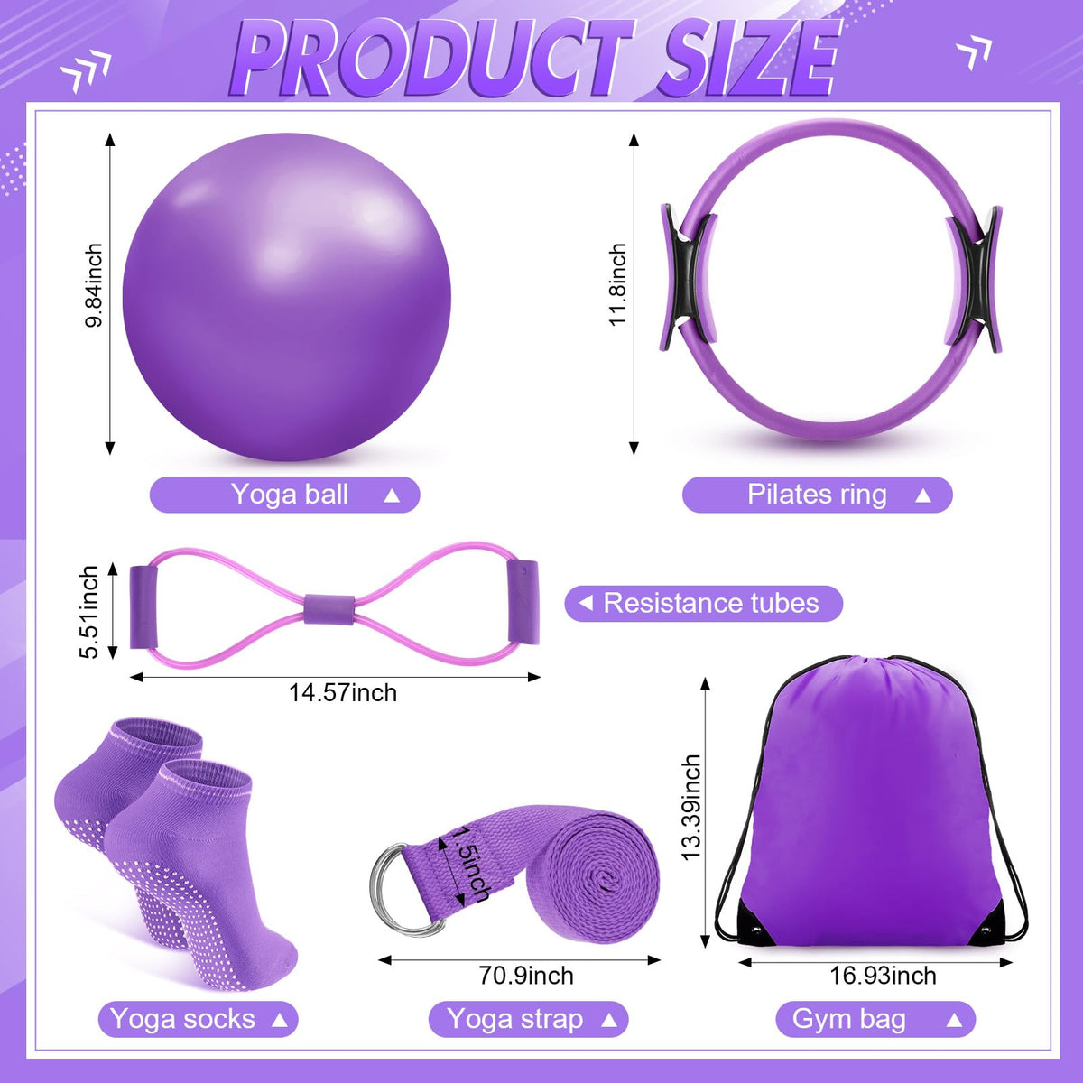 Poen 18 Pcs Home Pilates Ball and Ring Circle Set Yoga Fitness Essentials Kit with 5 Resistance Band Stretching Strap Non Slip Sock Ball Core Slider Wristband Headband Gym Bag for Women(Purple)