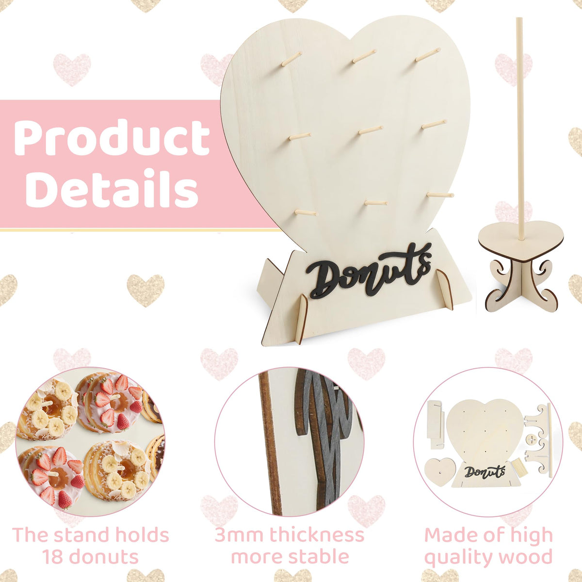 4 Pack Donut Wall Display Stand - 9 Doughnut Heart Shape Holder Board with 2Pcs Donut Tower Stand for Grow Up Party, Birthday, Wedding