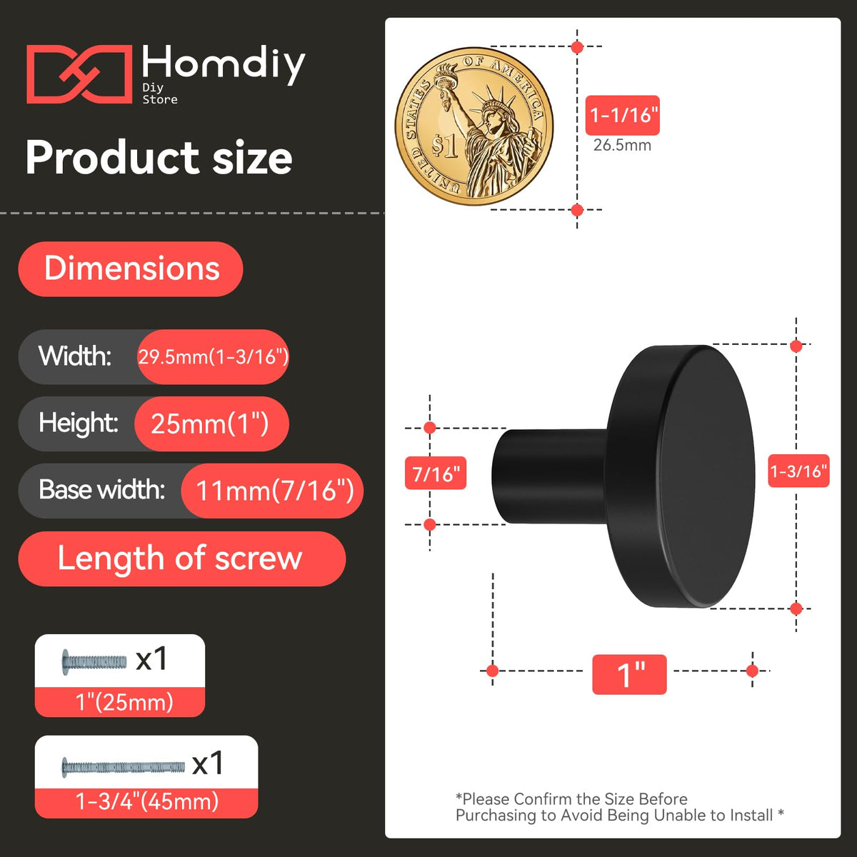 homdiy 10 Pack Black Cabinet Knobs, Round Kitchen Drawer Knobs, Matte Black Knobs for Cabinets, Metal Handles for Desk Drawers Cupboard