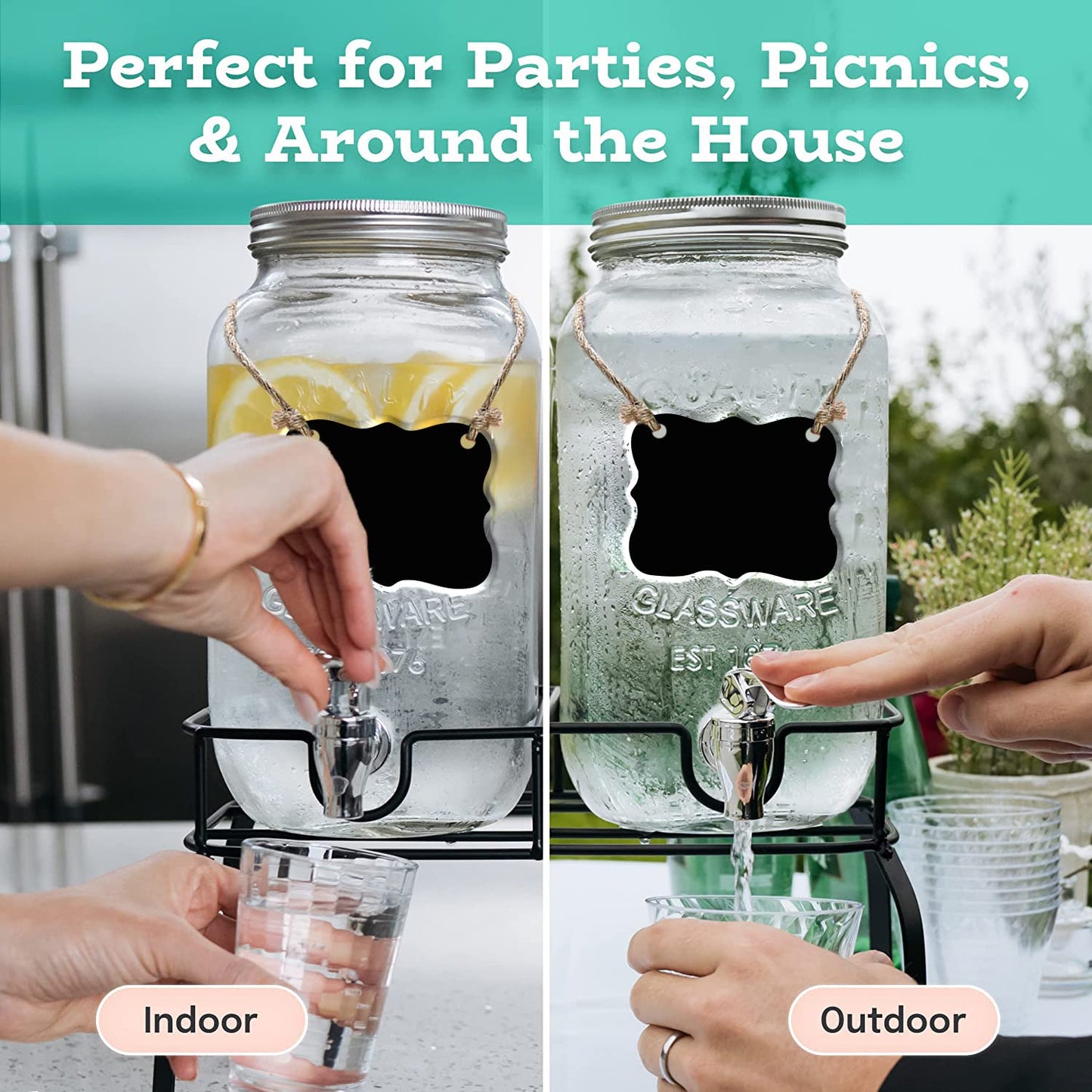 Estilo Glass Drink Dispenser for Parties - Set of 2-1 Gallon Halloween Drink Dispenser with Stand, Glass Water Dispenser Countertop for Weddings, Sun Tea Jar, Lemonade & Laundry Detergent Dispenser