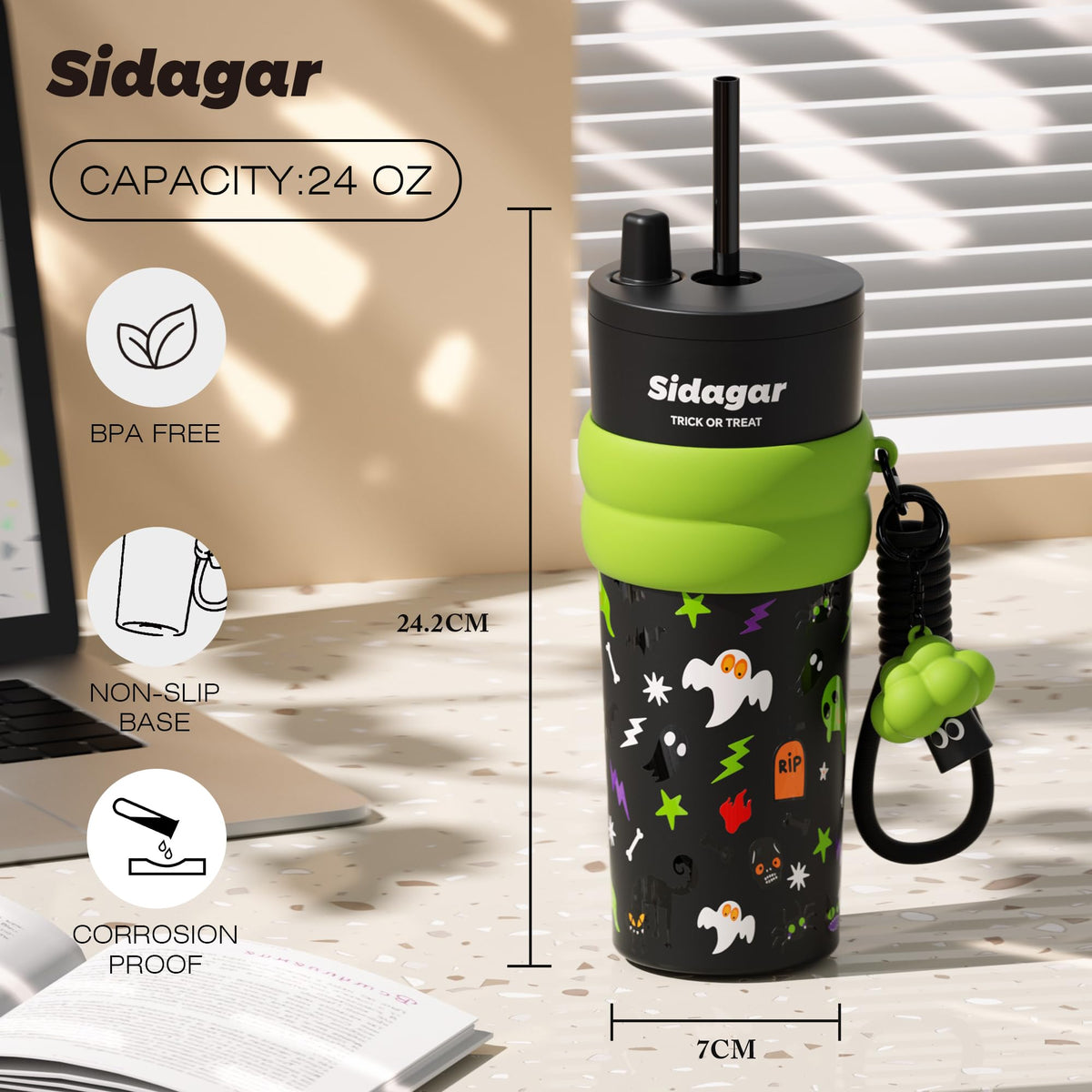 Sidagar 24 oz Tumbler with Lid and Straw, Insulated Coffee Mug Leak Proof, Portable Iced Travel Water Bottle, Reusable Thermal Coffee Cup, Gift for Women, Halloween