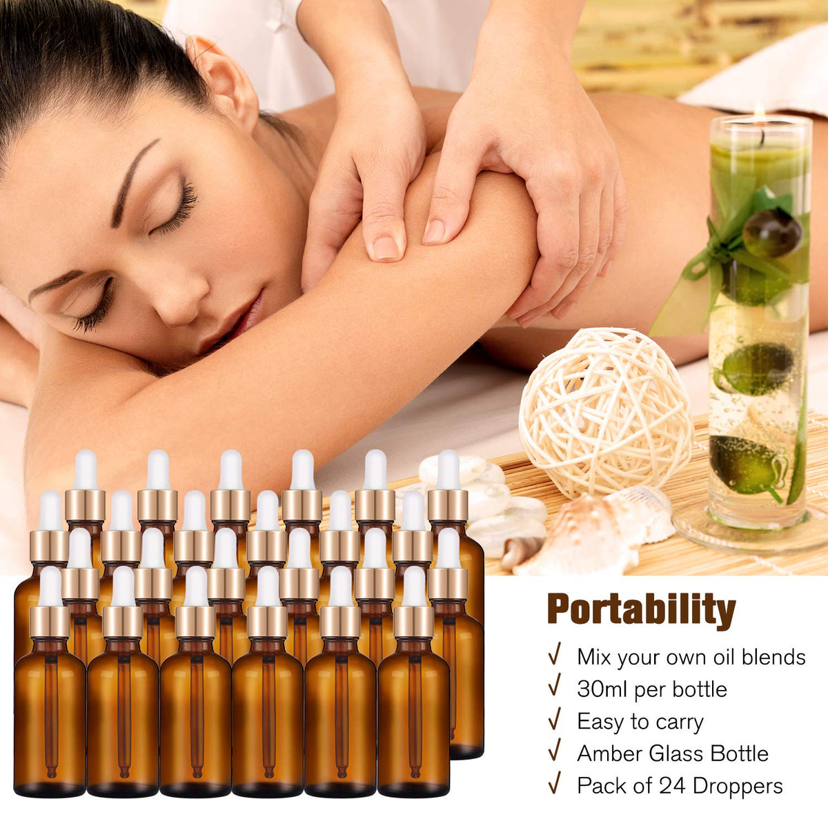 PrettyCare 1oz Glass Dropper Bottle Set of 24, Thick Amber Empty Bottles with Leakproof Golden Caps, Labels, Funnels - 30ml Eye Dropper Bottles for Storage, Essential Oils, Tincture