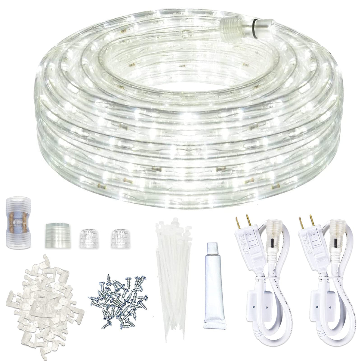 SURNIE Rope Lights Outdoor Waterproof Daylight White: LED 50FT Cuttable Outside Bright 110V Lighting Connectable Flexible Plug Cool Clear Tube, Indoor Deck Patio Xmas Camping Decor, Not Flat Strip