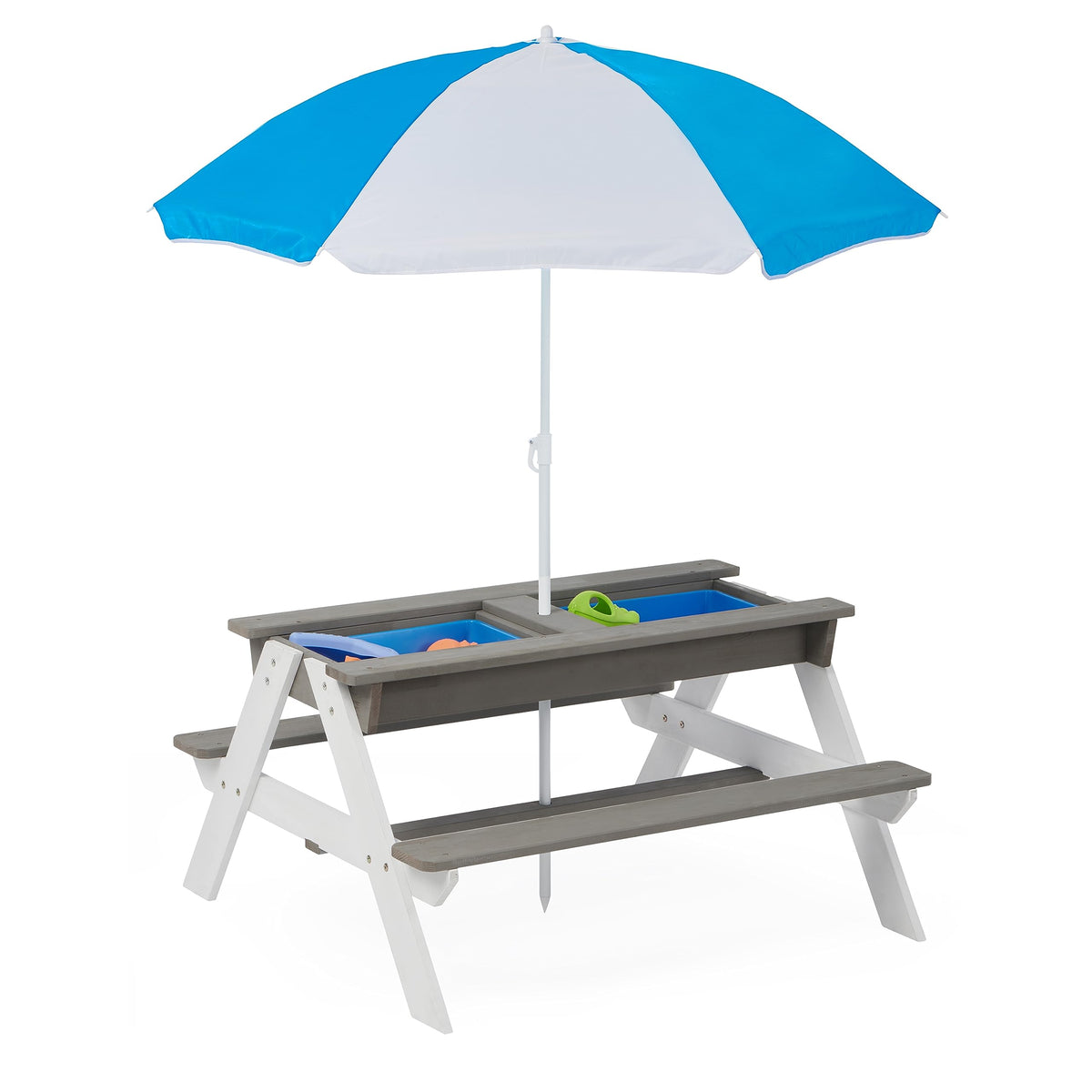 WEALTHGIRL 3-in-1 Kids Outdoor Wooden Picnic Table with Adjustable 43" Umbrella, Convertible Sand & Water Activity Center, Solid Cedar Wood Construction, Spacious Seating for Four