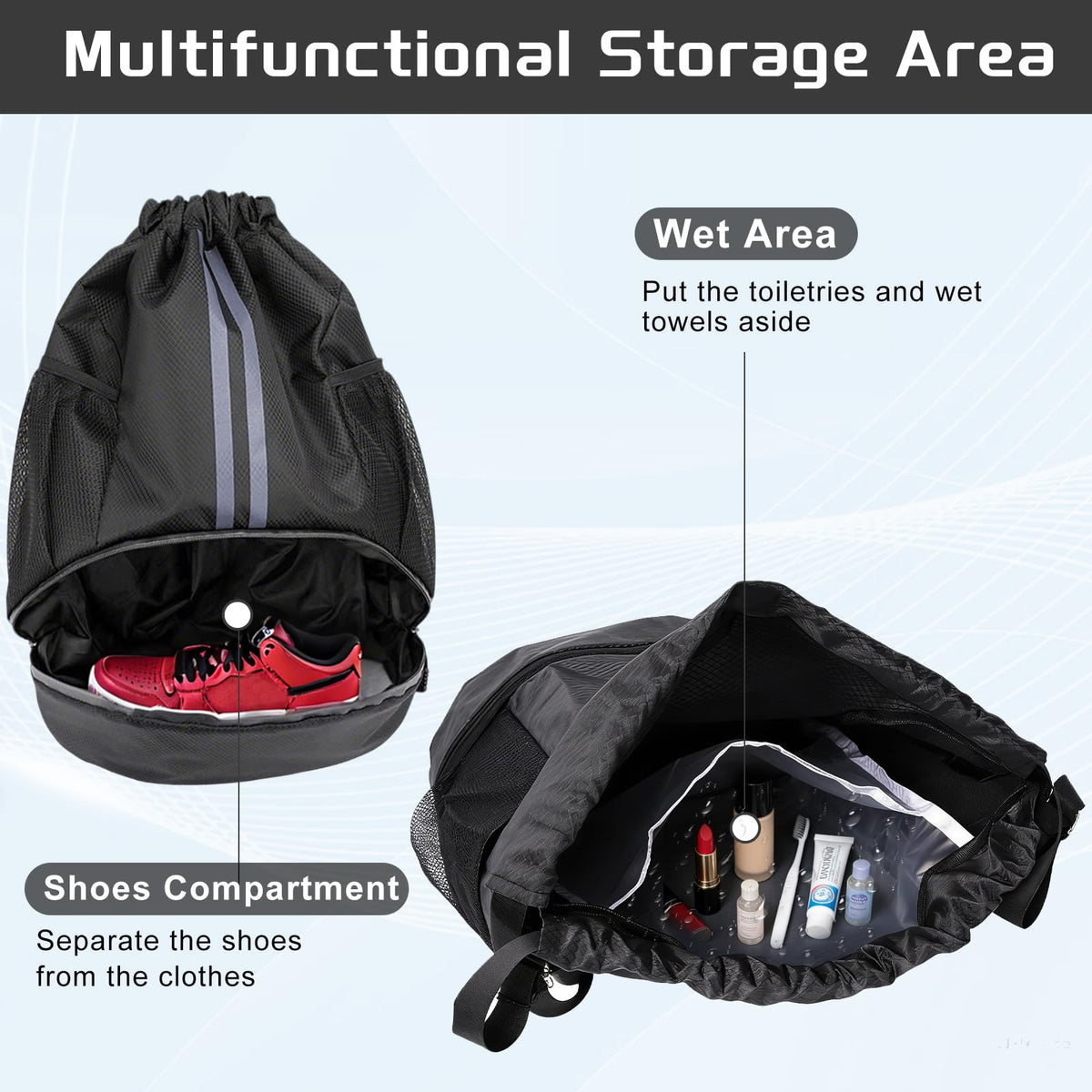 YEVOPOU Sports Drawstring Backpack with Shoes Compartment, String Gym Bag with Wet Proof Pocket for Basketball, Soccer, Swim, Black Sport Bag for Men and Women