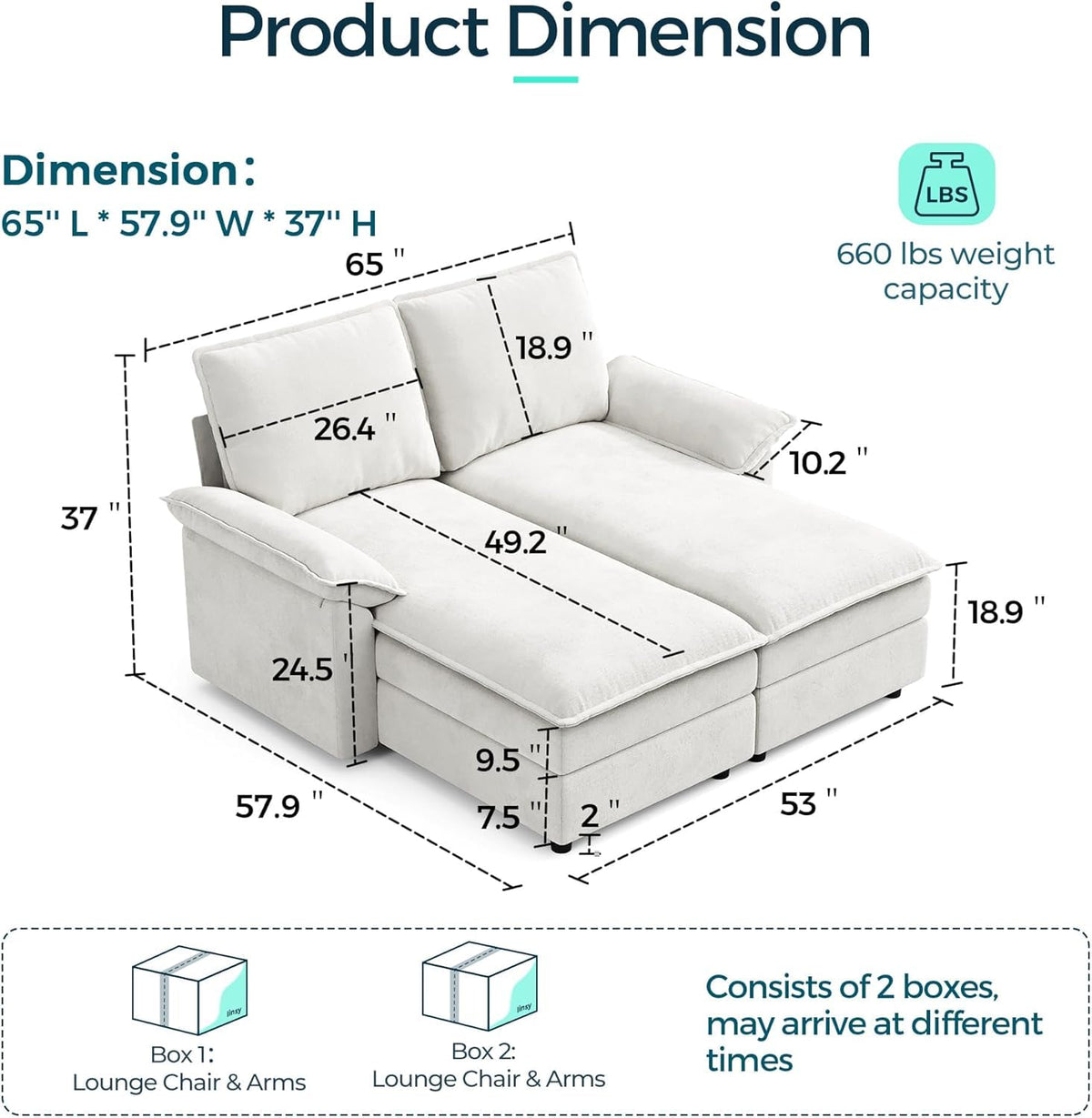 LINSY HOME Modular Sofa Chaise Lounge, 65" Cloud Sofa Bed Lounge with Armrests, Chenille Sleeper Sofa for Living Room, Apartment, Home Theater, Beige