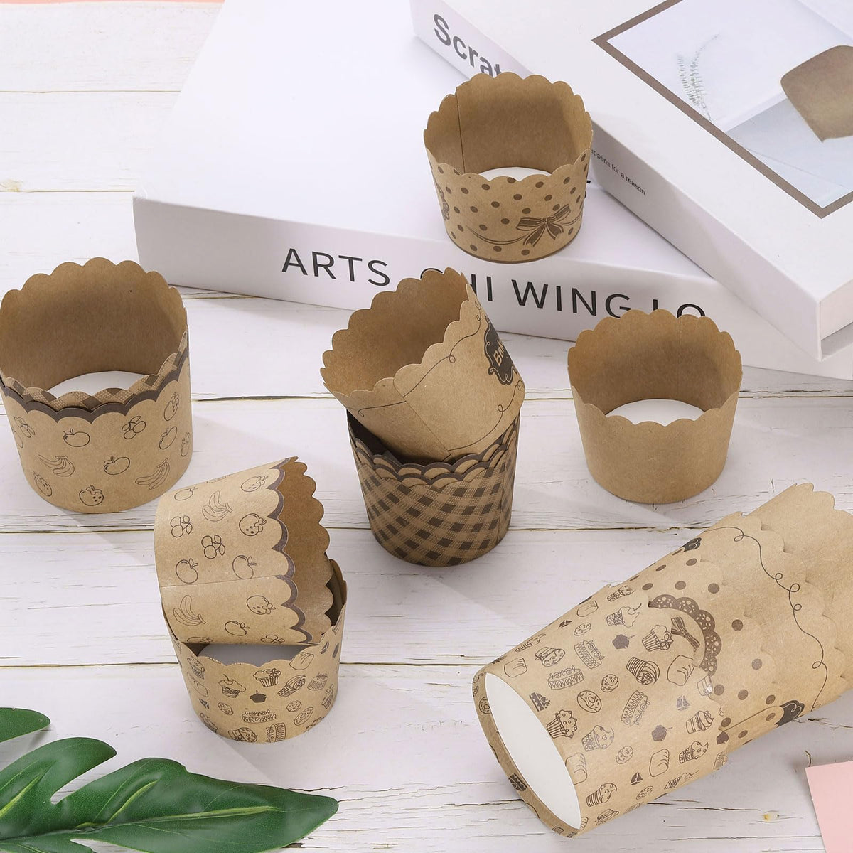 HARFINGTON 100Pcs Paper Baking Cups Small Brown Kraft Paper Muffins Liner Cupcake Greaseproof Disposable Bulk Wrappers for Wedding Birthday Graduation, Fruit