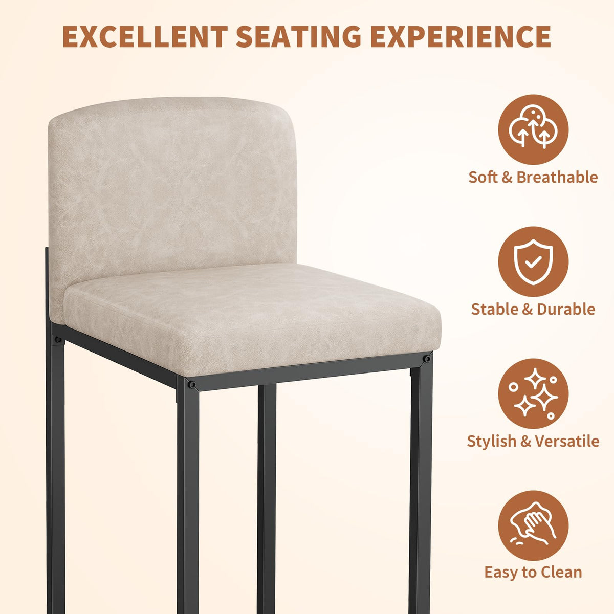 GarveeHome Bar Stools Set of 4, Modern Counter Height Bar Stools with Back and Footrest, Faux Leather Upholstered Barstools Chairs for Kitchen Island Dining Room Bar, Beige