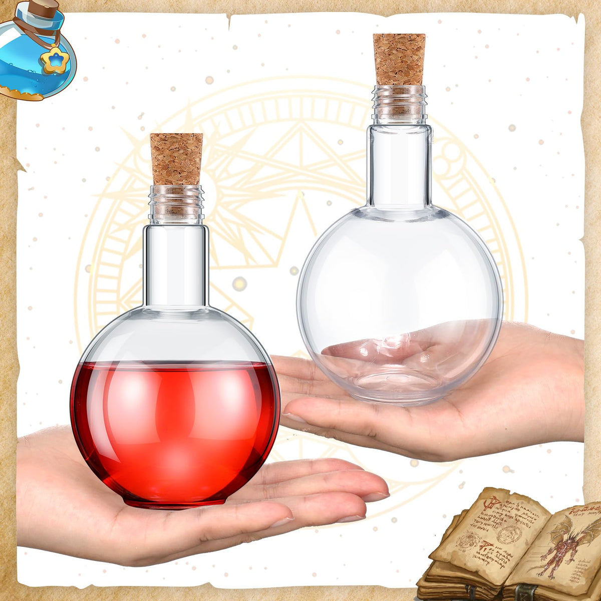 Baderke Plastic Potion Bottles with Cork 8 oz Sand Art Ball Shape Bottles with Funnels Spherical Decorative Candy Jar for Cocktail Witch Costume Props Party DIY Crafts(10 Sets)