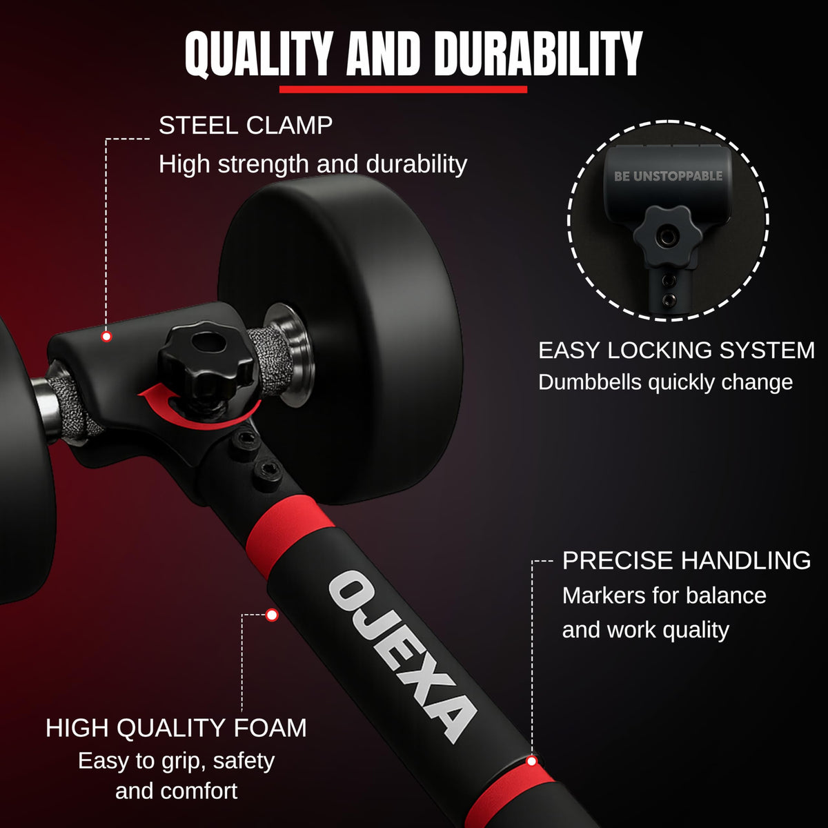 OJEXA Dumbbells to Barbell Converter Set, Adjustable Weights, 200 lb Capacity, Steel Clamp, Home Gym
