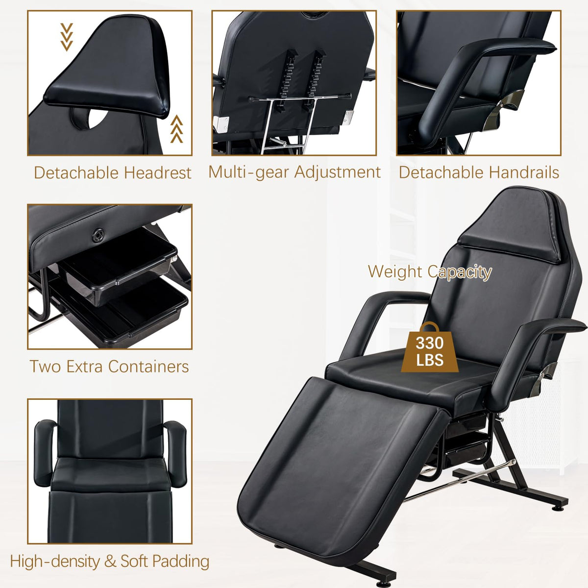 Massage Salon Tattoo Chair with Two Trays Esthetician Bed Hydraulic Stool Multi-Purpose 3-Section Facial Bed Table Adjustable Beauty Barber Spa Equipment Black