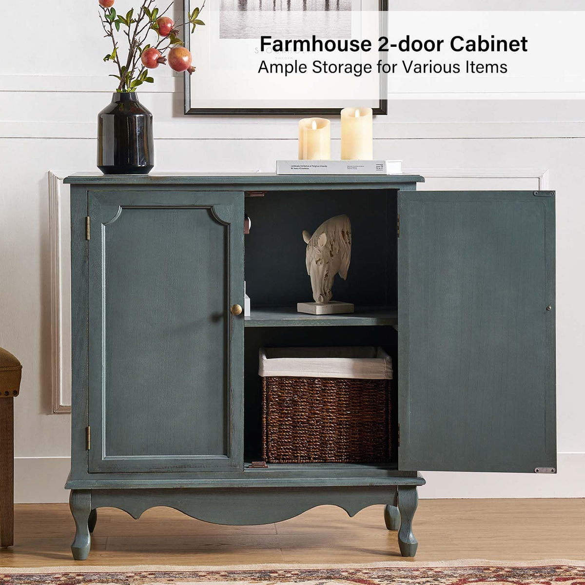 HULALA HOME Antique Accent Cabinet with 2 Doors, Buffet Cabinet with Storage, 2 Shelves Sideboard for Kitchen, Living Room, Blue