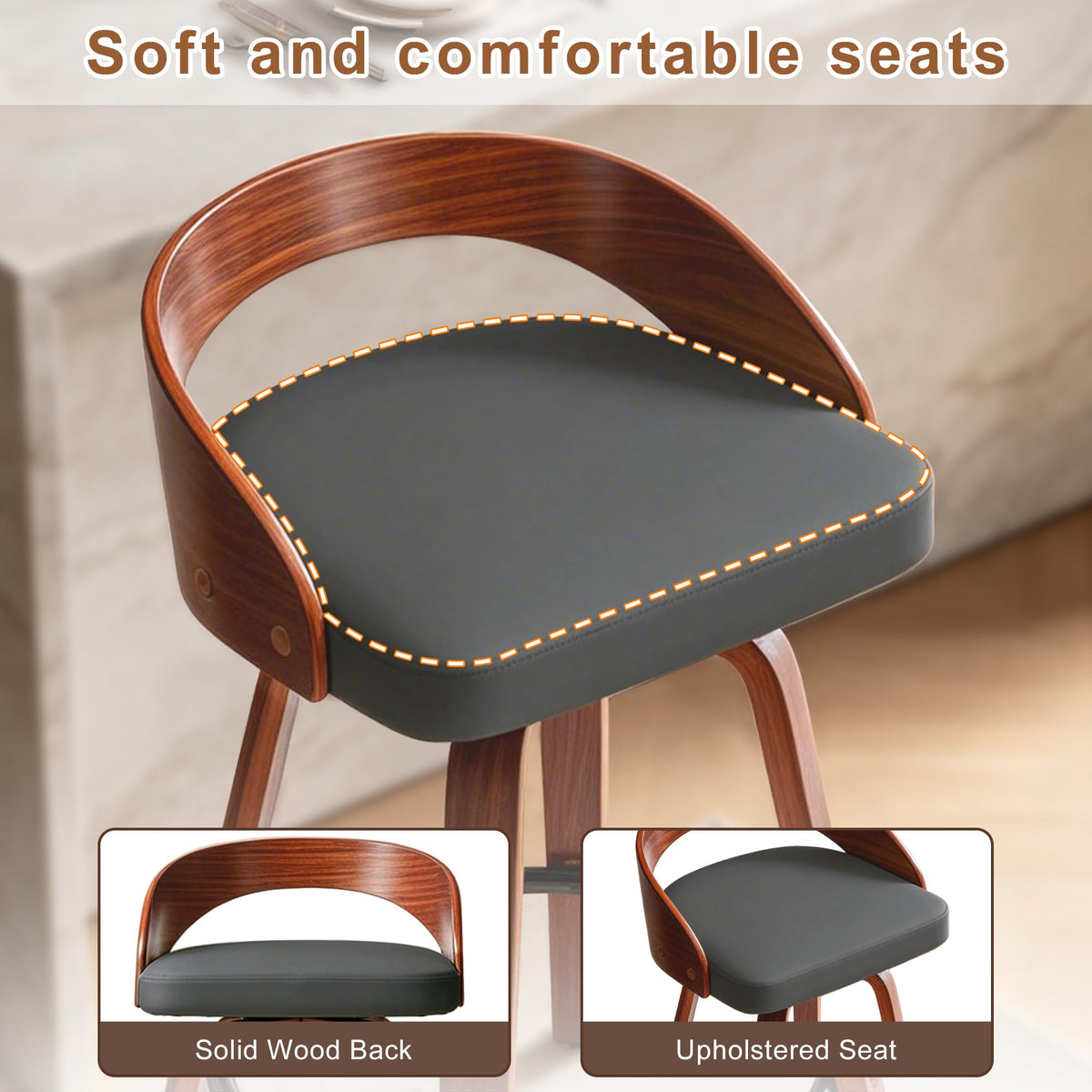 Phent zari Swivel Bar Stools, Mid Century Modern Bar Chairs Island Stools for Kitchen Counter, 25" Upholstered Faux Leather Counter Height Barstools with Walnut Back & Bentwood Legs (4, Grey)
