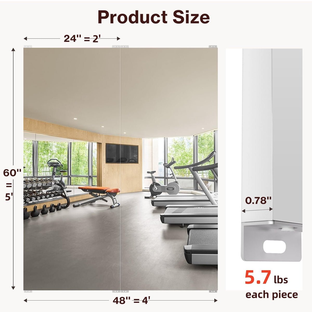 BRIVUE Gym Mirror - 60" x 48" (2PCS of 60" x 24") Frameless Wall Mirrors, Easy Installation Unbreakable Non-Glass Nanomirror, Ideal for Dance, Yoga, Workout, Home Gym, Rehearse, Pilates, Kids Room