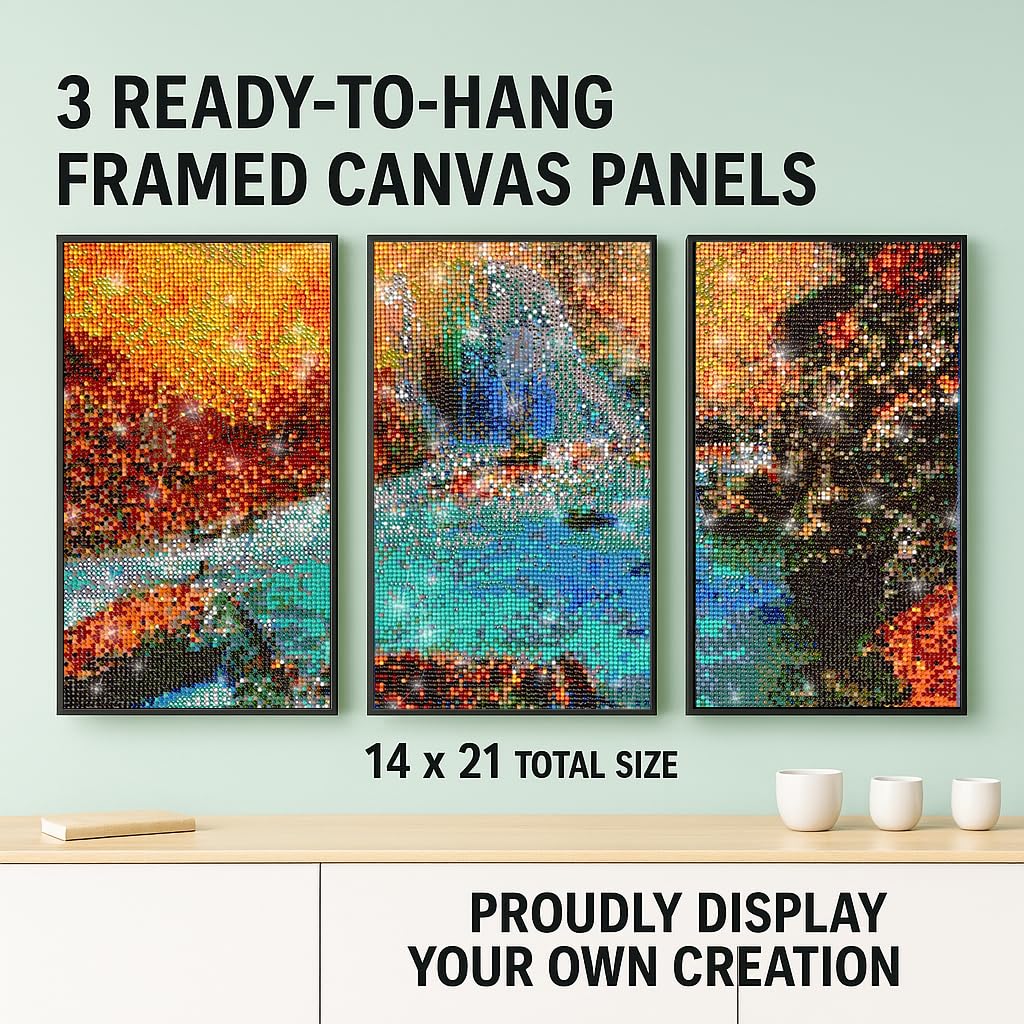 ArtSkills Diamond Painting Kit, Diamond Art on Framed Canvas with Gem Storage Case and Accessory Kit, Waterfall, 3 Stretched Canvas Panels, 14” x 7” Each