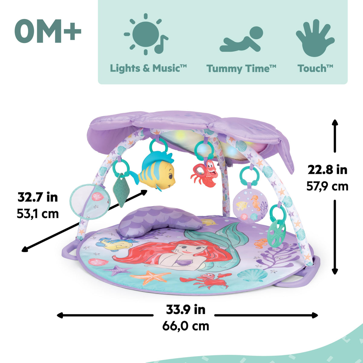 Bright Starts Disney Baby The Little Mermaid Twinkle Trove Light-Up Musical Baby Activity Gym with Tummy Time Pillow, Newborn+