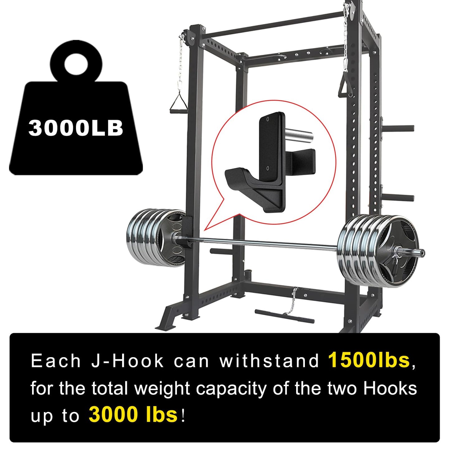 Kipika J-Hooks for 2" x 2" Power Rack with 5/8" or 1" Hole, Bottom Reinforced Steel Hooks with Rubber Pads, Heavy Duty Power Rack Attachments, Squat Rack Accessories for Strength Training, Set of 2