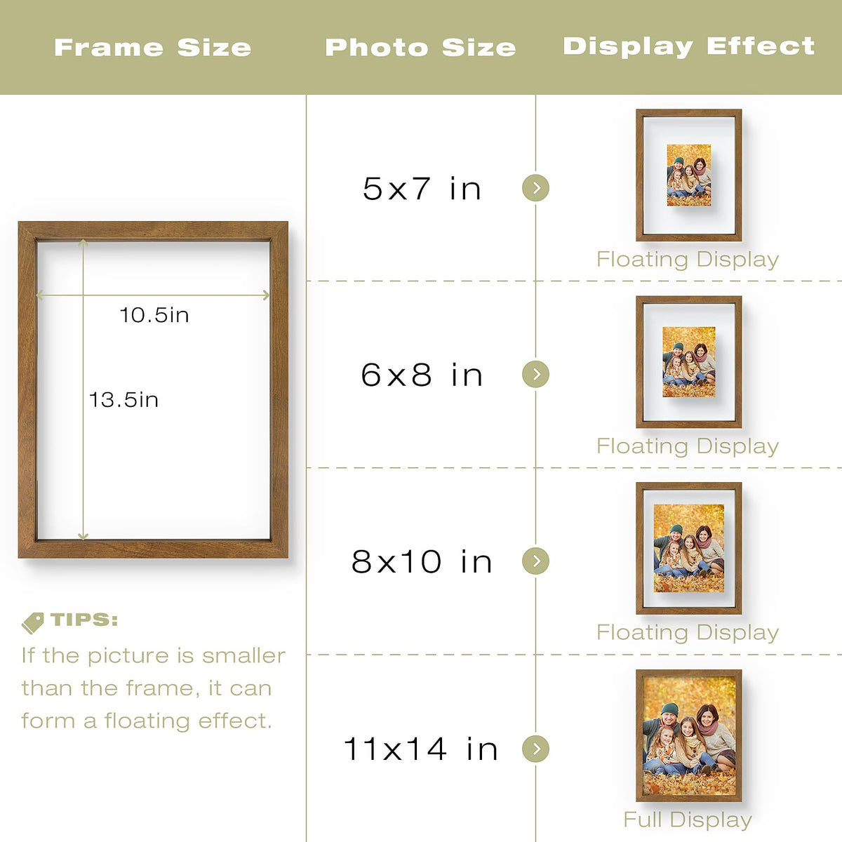 11x14 Floating Picture Frame - Brown Solid Wood Frame for Pressed Flower - Real Glass of Front - Use as 8x10 or 5x7 Picture Frame - for Wall Mount Display (Brown, 1 Pack)