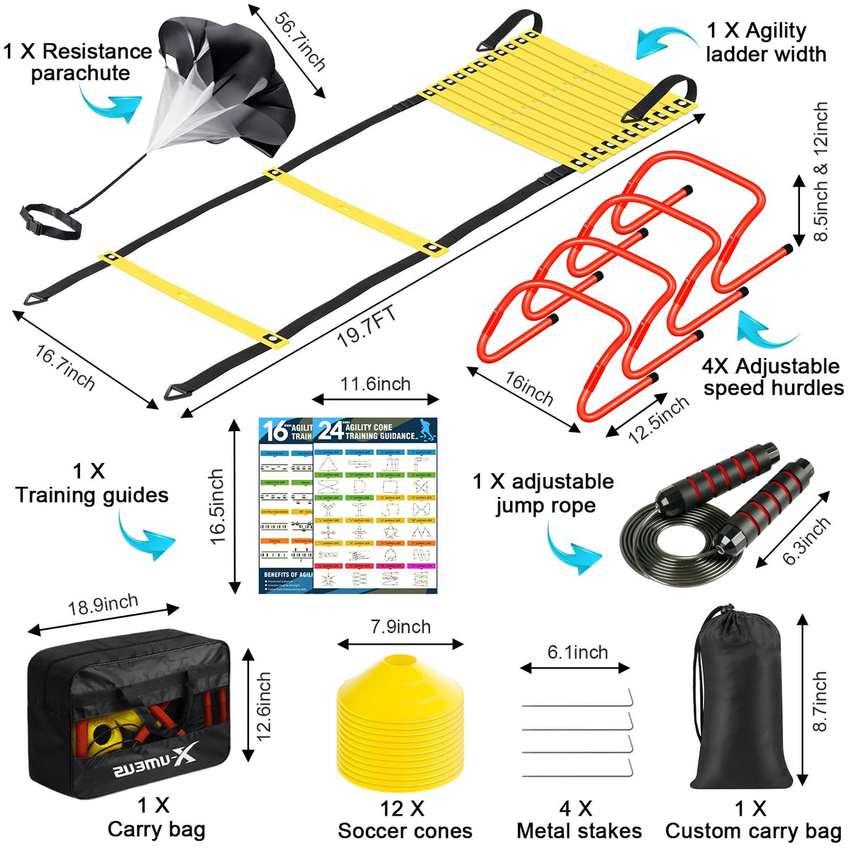 X-UMEUS Agility Ladder Speed Training Equipment Set-20ft Agility Ladder,12 Soccer Cones,4 Hurdles, Jump Rope, Running Parachute| Basketball Football Soccer Training Equipment for Kids Youth Adults