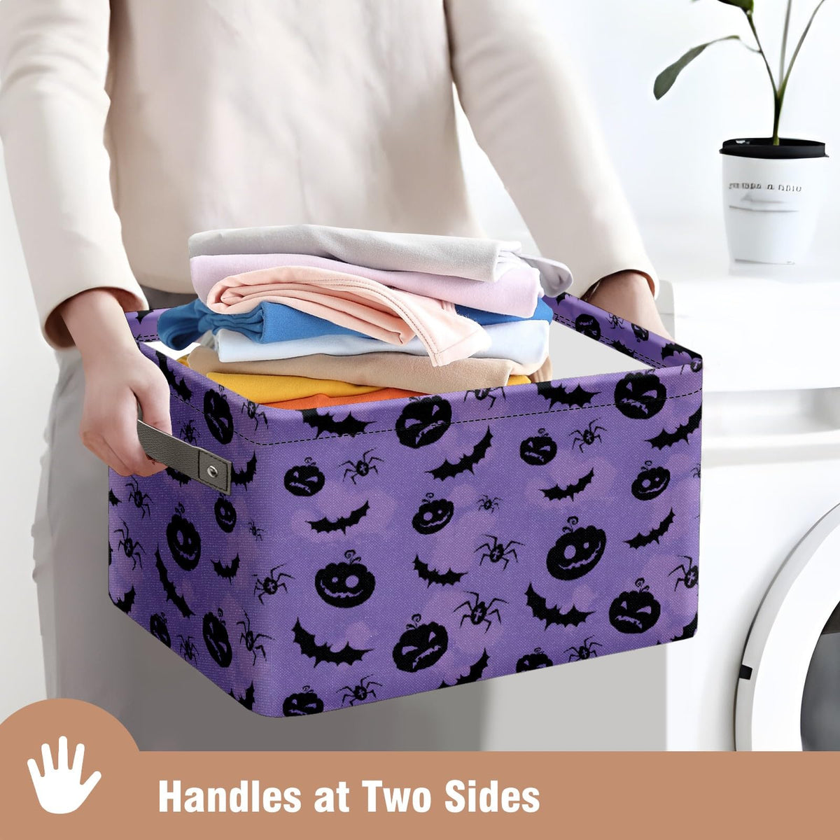 Andemie Halloween Bin Purple Pumpkin Bats Basket Large Foldable Storage Bin Cube Collapsible Organizer Trick or Treat Bags Candy Buckets for Halloween Parties