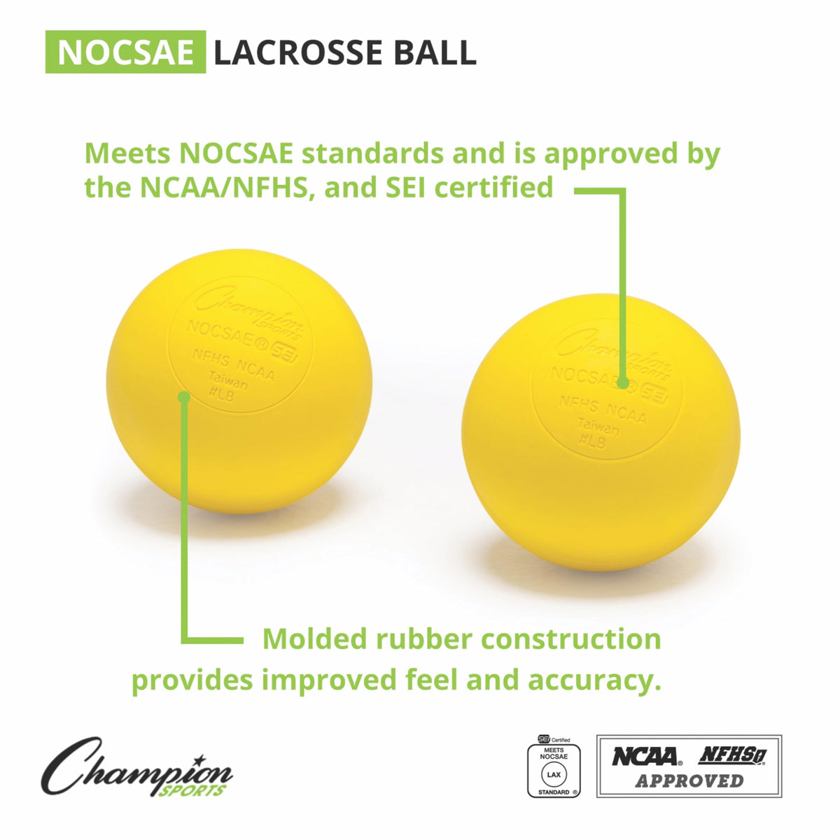 Champion Sports Lacrosse Balls – Official Size Equipment for Professional, College & High School Games, Practices & Recreation, NOCSAE, NCAA, NFHS & SEI Certified, 12-Pack, Yellow